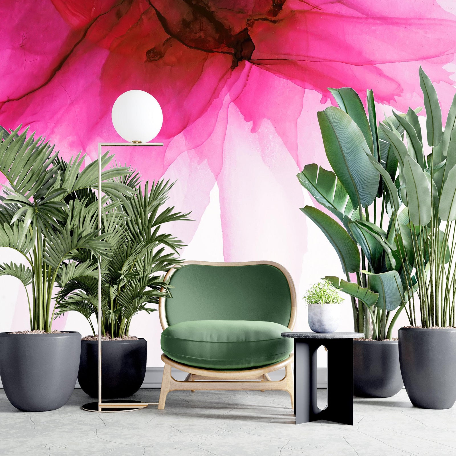 Pink Flower Watercolor Alcohol Ink Stain Abstract Design. Peel and Stick Wall Mural. #6252