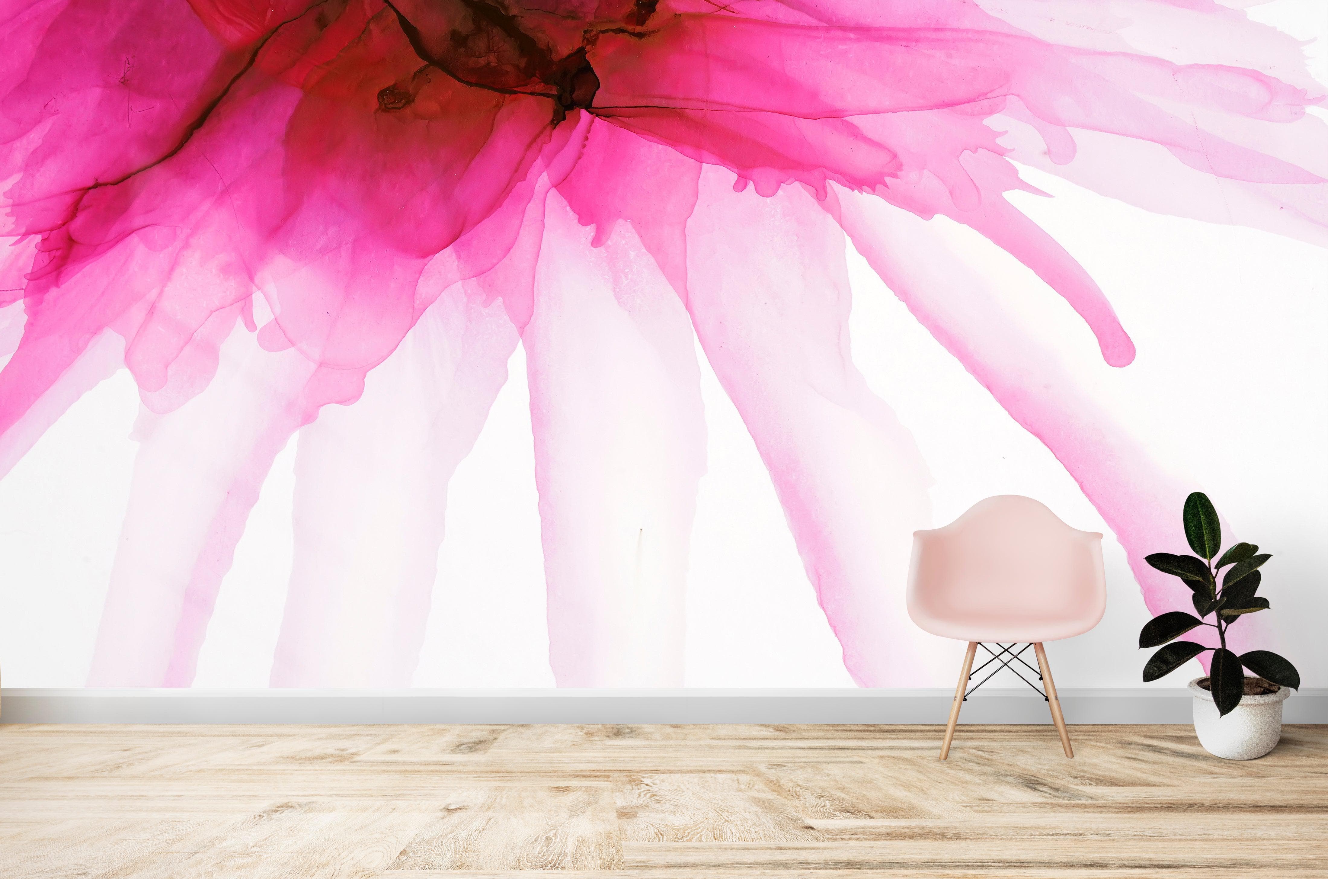 Pink Flower Watercolor Alcohol Ink Stain Abstract Design. Peel and Stick Wall Mural. #6252