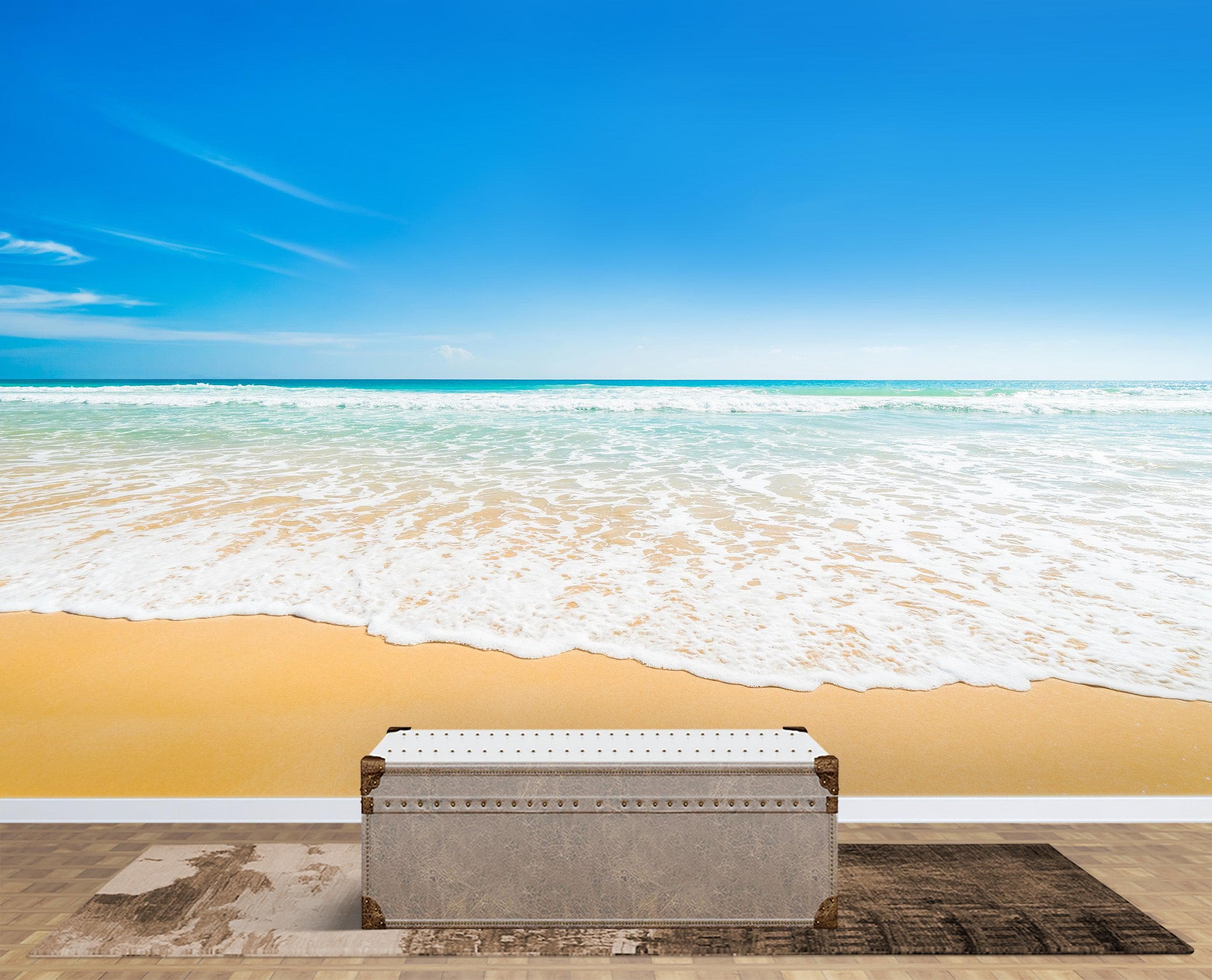 Bright Afternoon Blue Skies Ocean Beach Wave Wall Mural. #6272