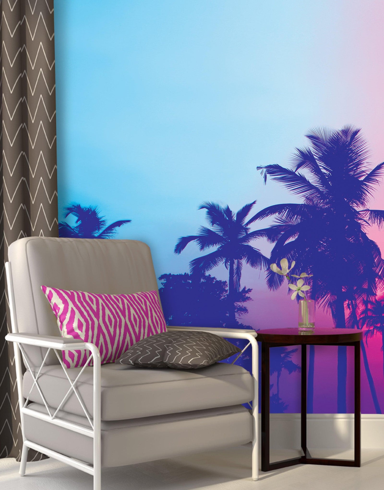Miami Tropical Palm Tree Vice Color Wall Mural. Bright Miami Vice Blue and Fuchsia Colors. #6281