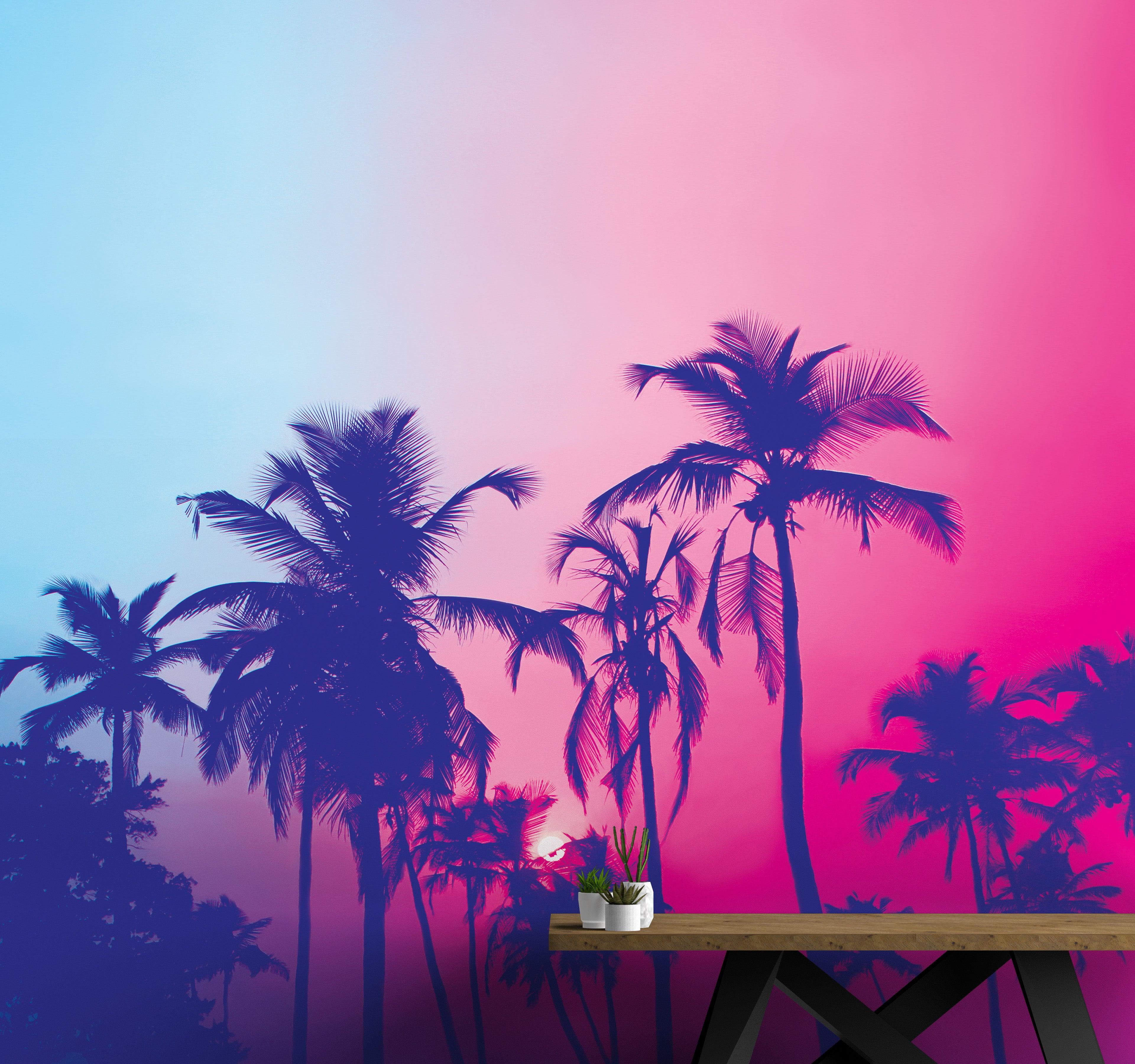 Miami Tropical Palm Tree Vice Color Wall Mural. Bright Miami Vice Blue and Fuchsia Colors. #6281