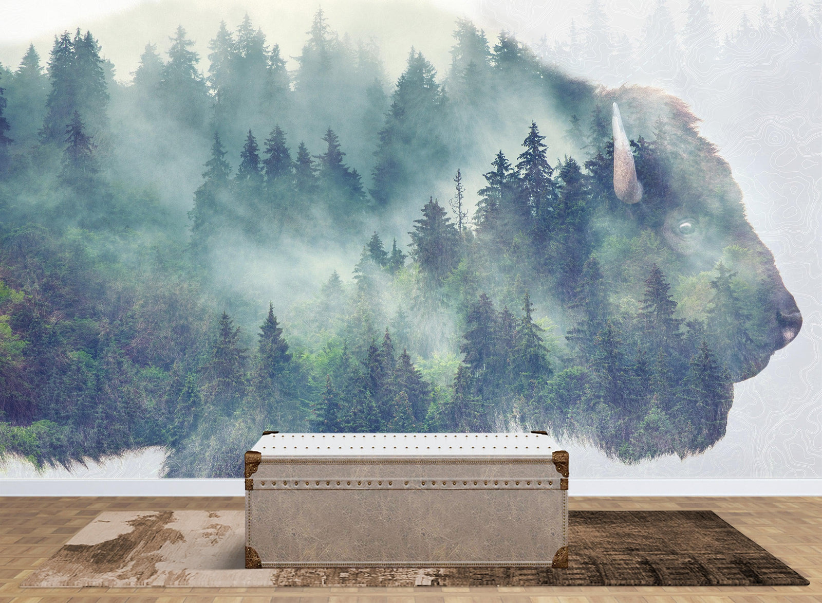 Foggy Mountain Forest View with Bison Buffalo Overlay Natural Scenery Wall Mural #6282.