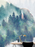 Foggy Mountain Forest View with Bison Buffalo Overlay Natural Scenery Wall Mural #6282.