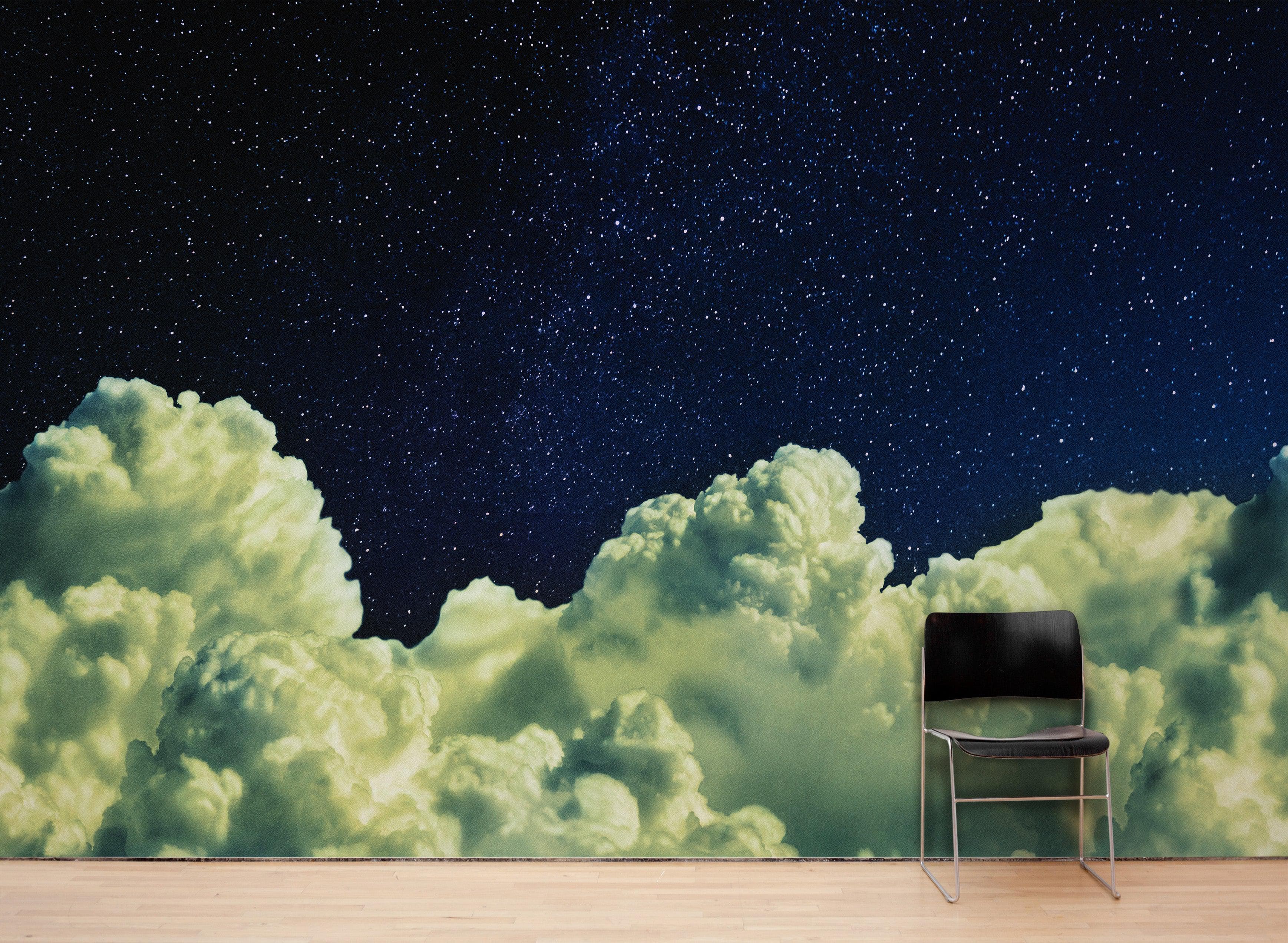 Dreamy Cloudy Night Among the Stars Wall Mural. Abstract Night Sky, Stars and Clouds. Peel and Stick Wallpaper. #6300