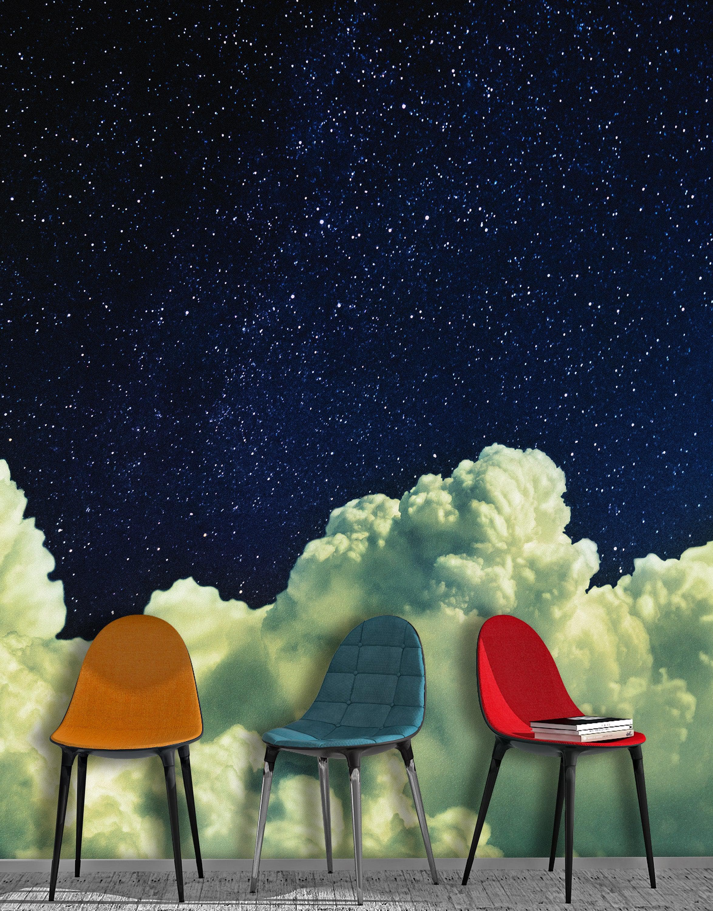 Dreamy Cloudy Night Among the Stars Wall Mural. Abstract Night Sky, Stars and Clouds. Peel and Stick Wallpaper. #6300