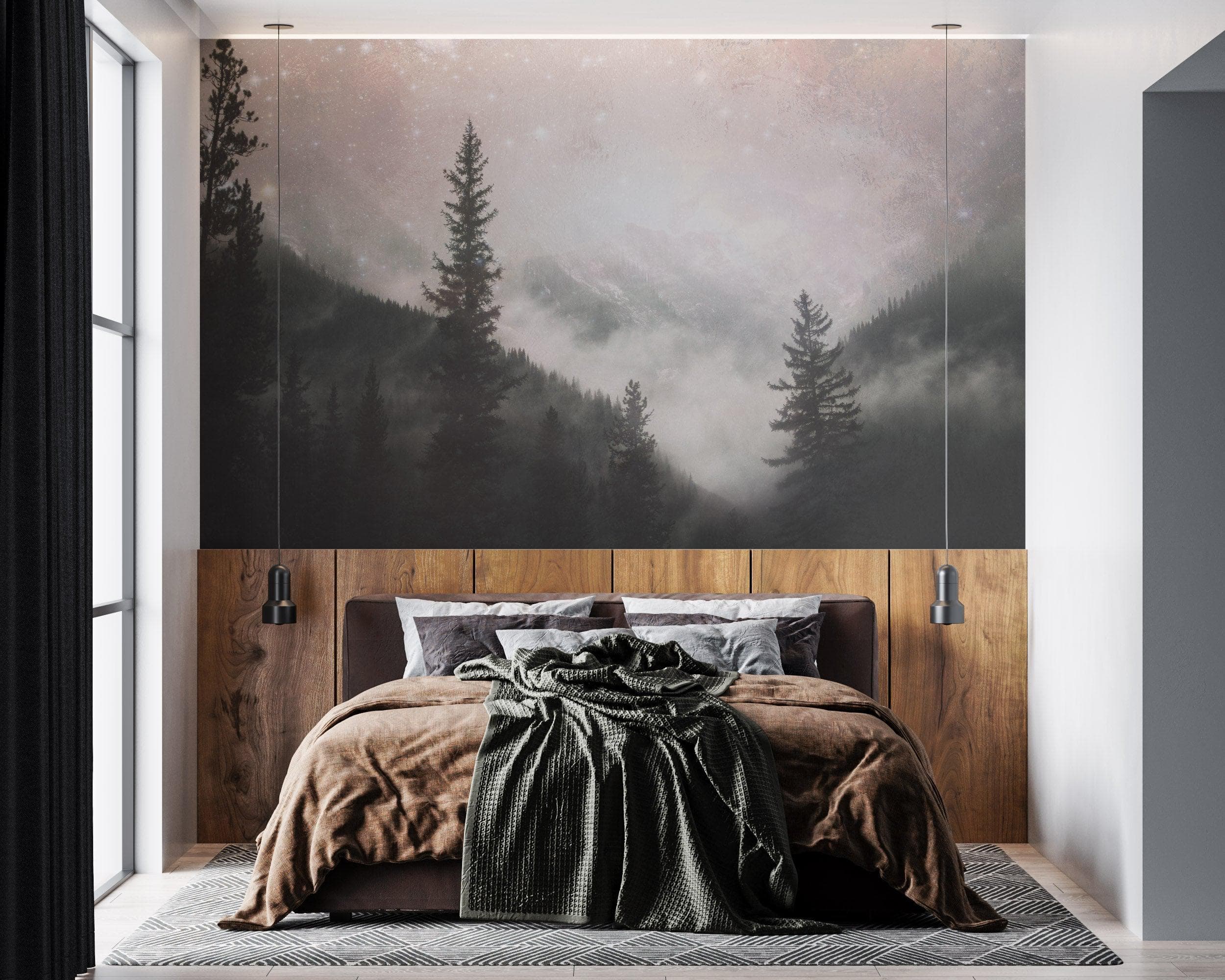 Foggy Misty Forest Trees Over Mountain Under a Starry Night Wall Mural. #6304