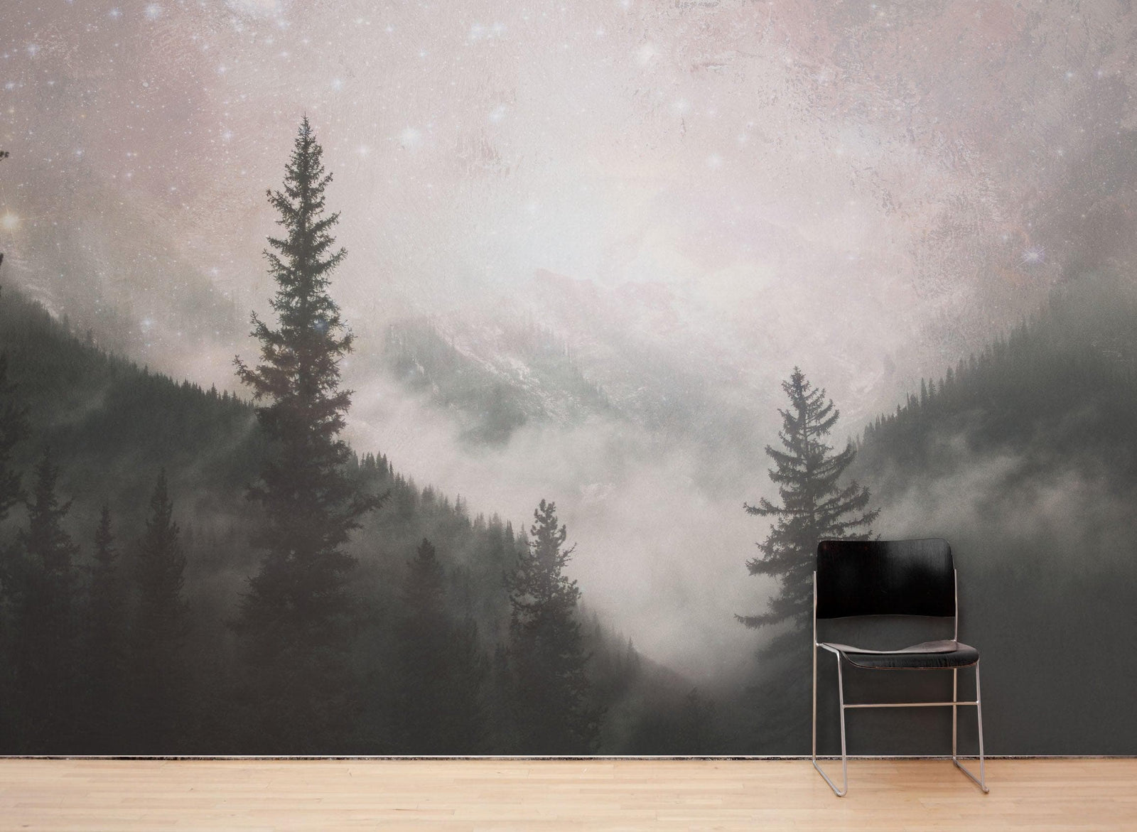 Foggy Misty Forest Trees Over Mountain Under a Starry Night Wall Mural. #6304