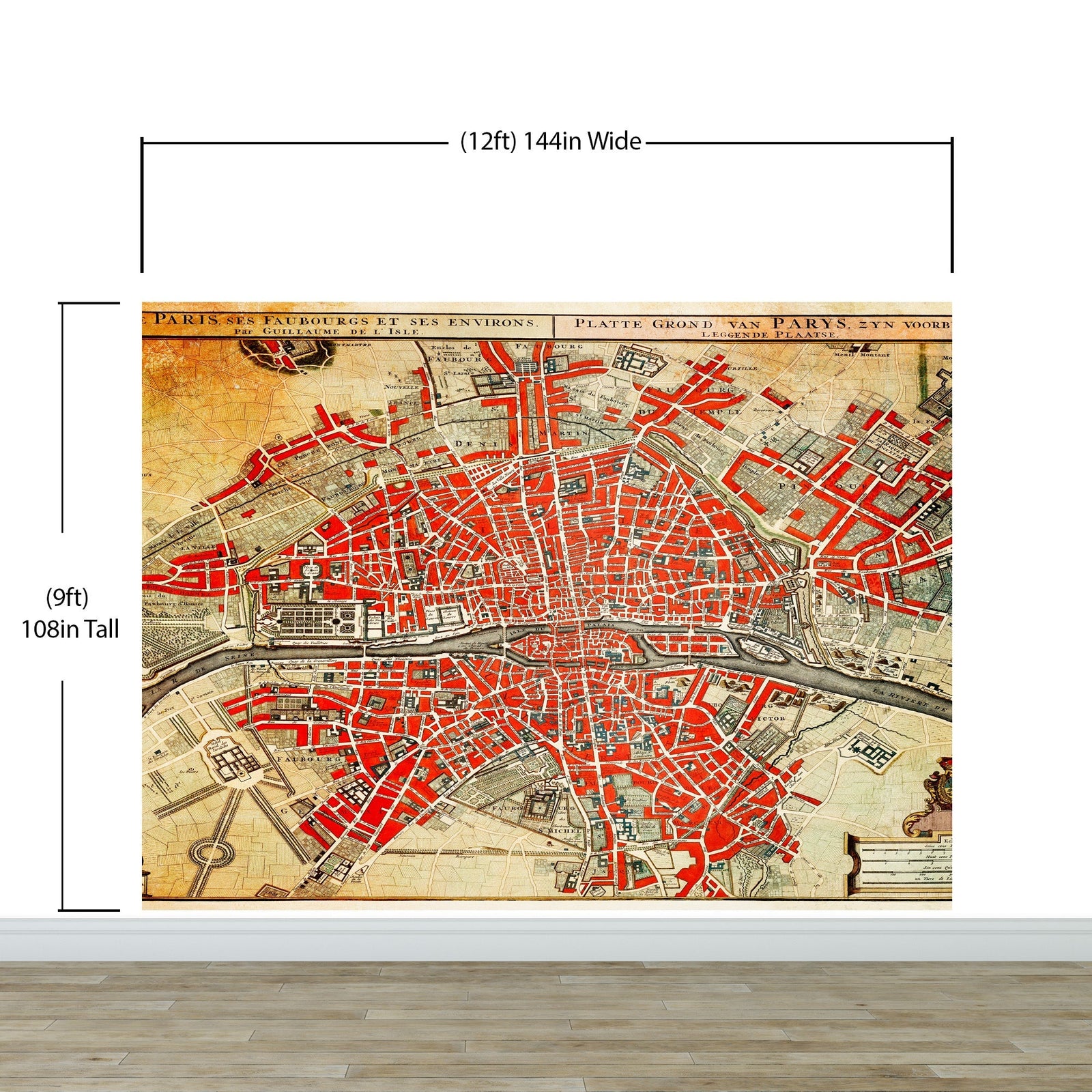 Vintage Map of Paris Wall Mural. Plattegrond van Parijs (ca. 1721–1774) by Guillaume Delisle. #6312