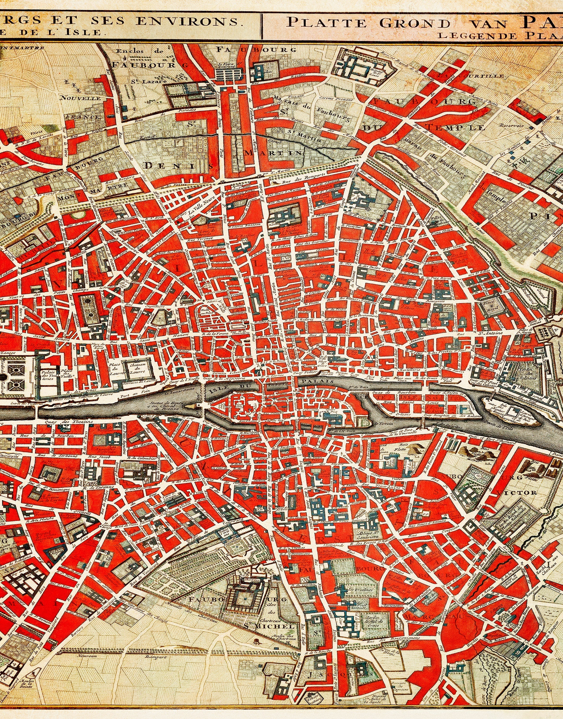 Vintage Map of Paris Wall Mural. Plattegrond van Parijs (ca. 1721–1774) by Guillaume Delisle. #6312