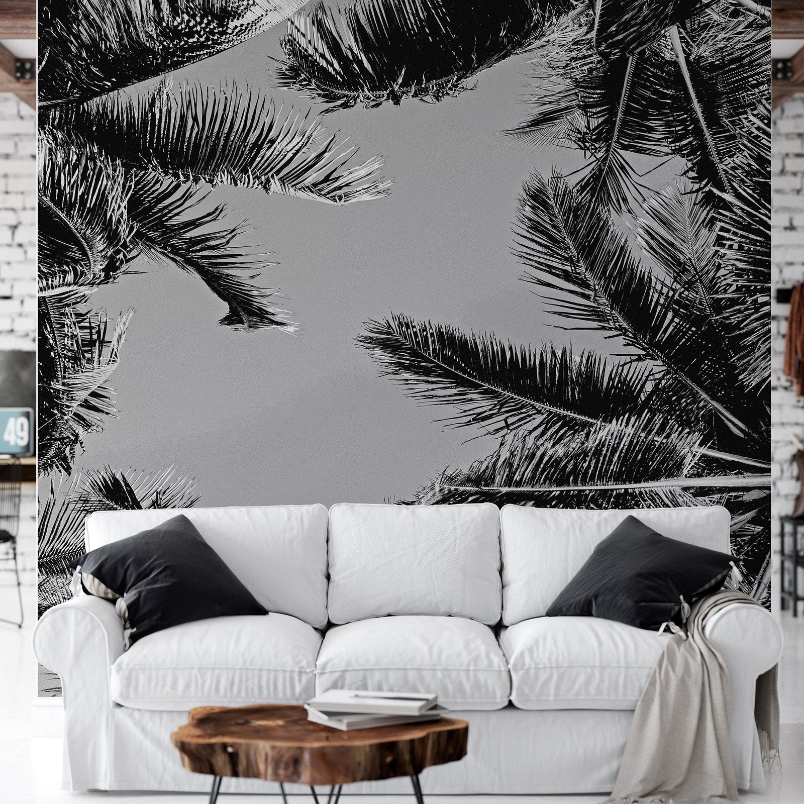 Black and White Tropical Palm Tree Mural. Vintage Summer Vibe. #6315