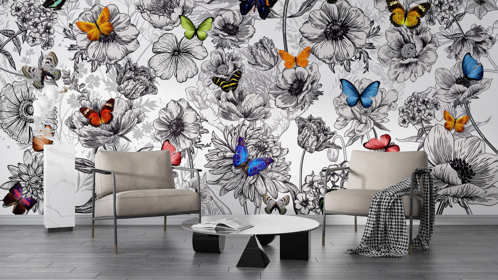 Butterflies in Flower Garden Wall Mural. Retro Black and White Illustration Floral Design. #6320