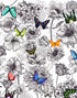Butterflies in Flower Garden Wall Mural. Retro Black and White Illustration Floral Design. #6320