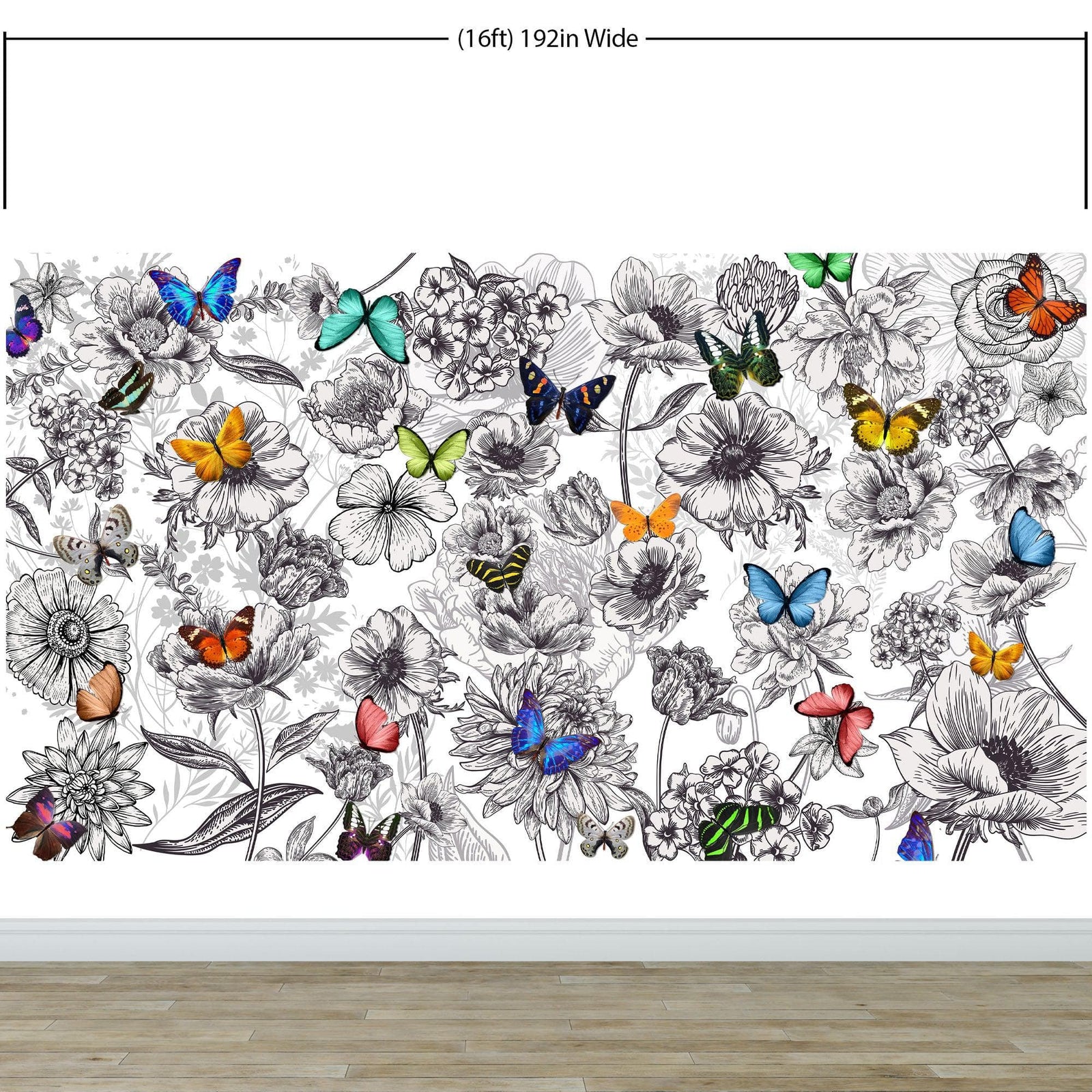 Butterflies in Flower Garden Wall Mural. Retro Black and White Illustration Floral Design. #6320