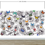 Butterflies in Flower Garden Wall Mural. Retro Black and White Illustration Floral Design. #6320