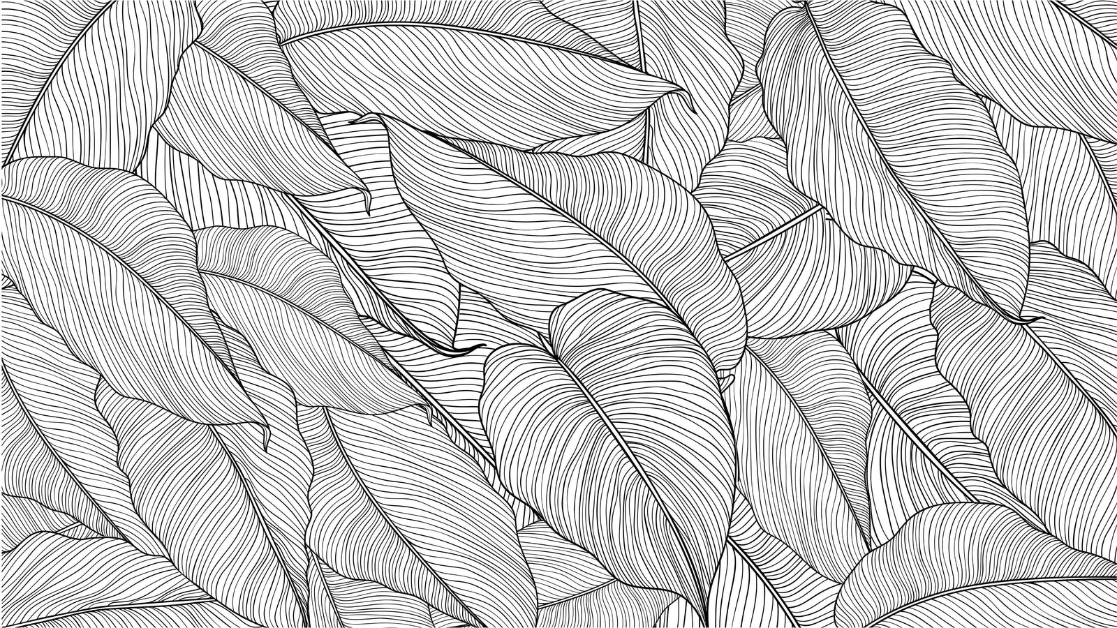 Banana Leaves Wallpaper, Palm Leaves Line Art Pattern Peel and Stick Wall Mural. #6330