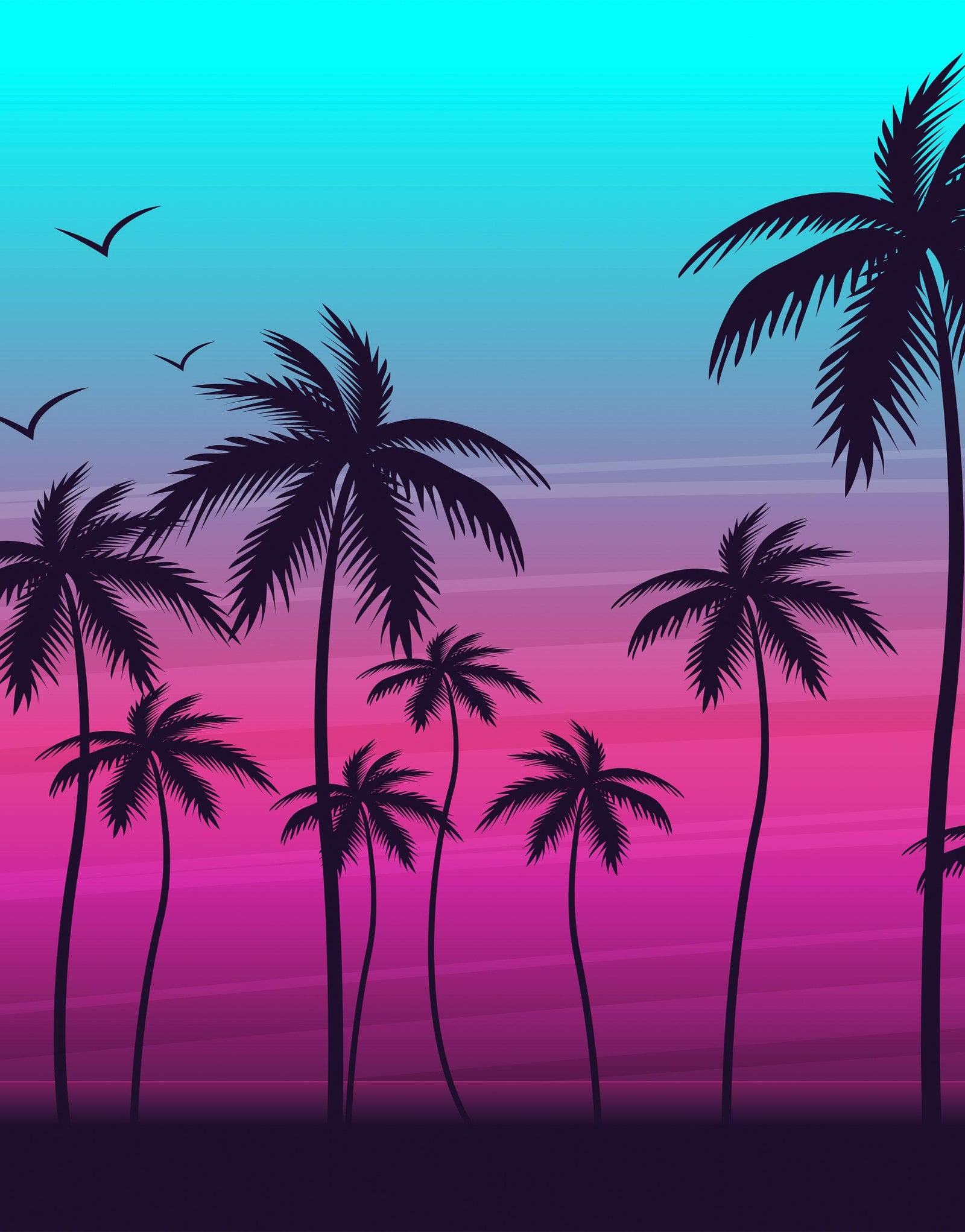 Miami Tropical Palm Tree Illustration Vice Color Sunset Wall Mural. Bright Miami Vice Blue and Fuchsia Colors. #6331
