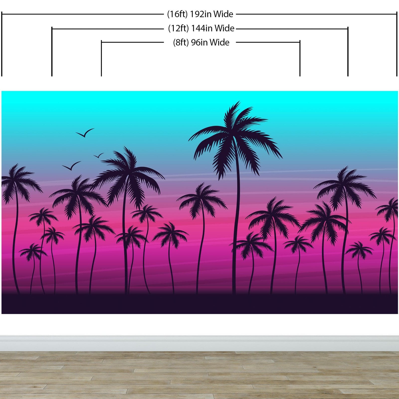 Miami Tropical Palm Tree Illustration Vice Color Sunset Wall Mural. Bright Miami Vice Blue and Fuchsia Colors. #6331