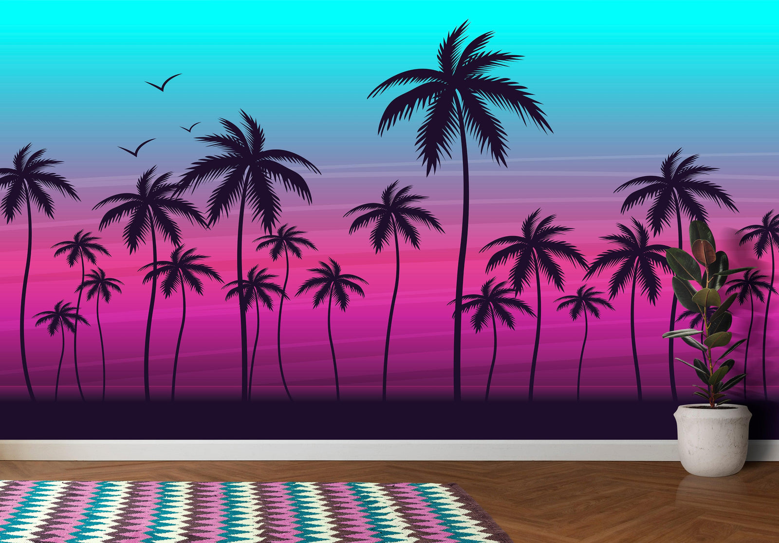 Miami Tropical Palm Tree Illustration Vice Color Sunset Wall Mural. Bright Miami Vice Blue and Fuchsia Colors. #6331
