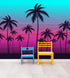 Miami Tropical Palm Tree Illustration Vice Color Sunset Wall Mural. Bright Miami Vice Blue and Fuchsia Colors. #6331