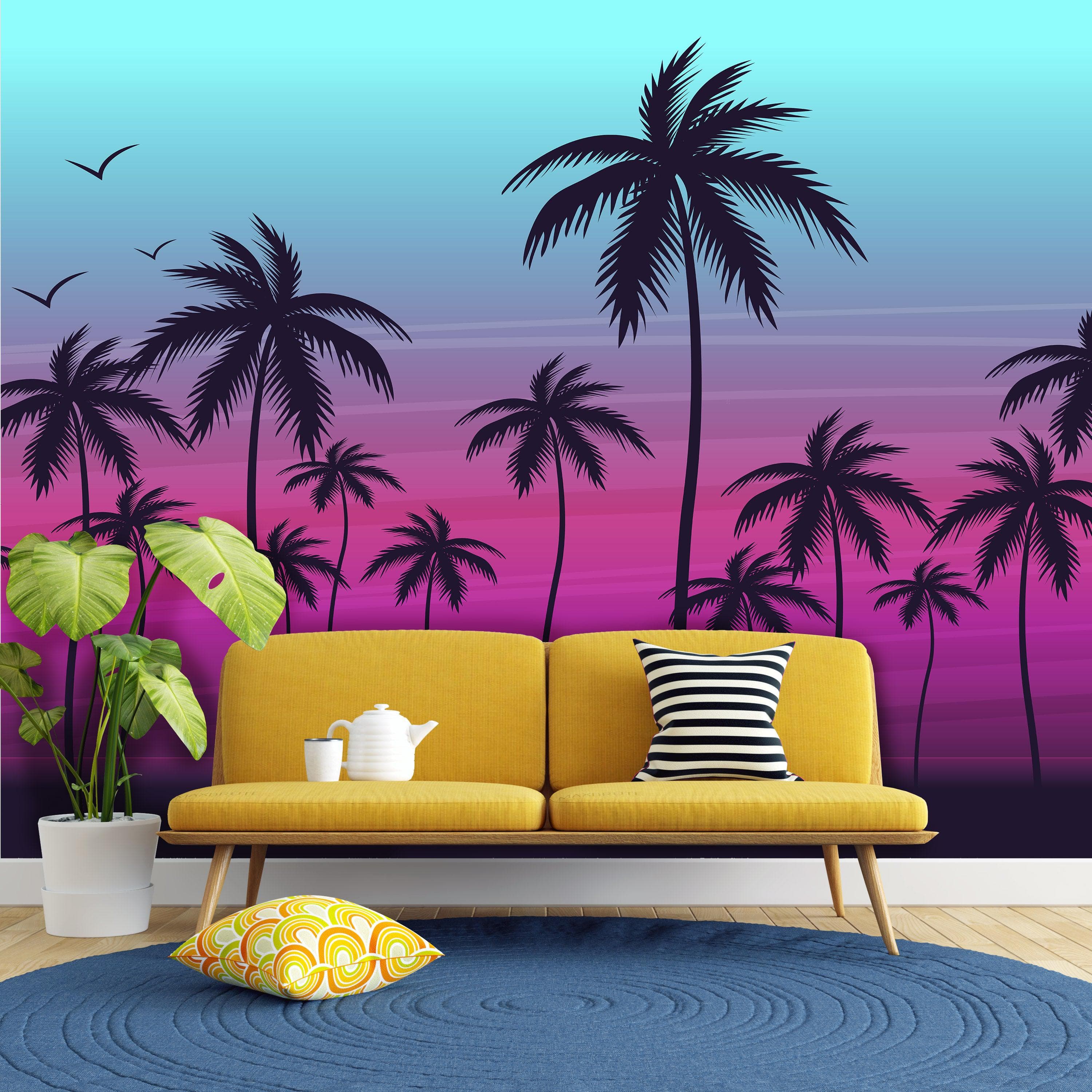 Miami Tropical Palm Tree Illustration Vice Color Sunset Wall Mural. Bright Miami Vice Blue and Fuchsia Colors. #6331