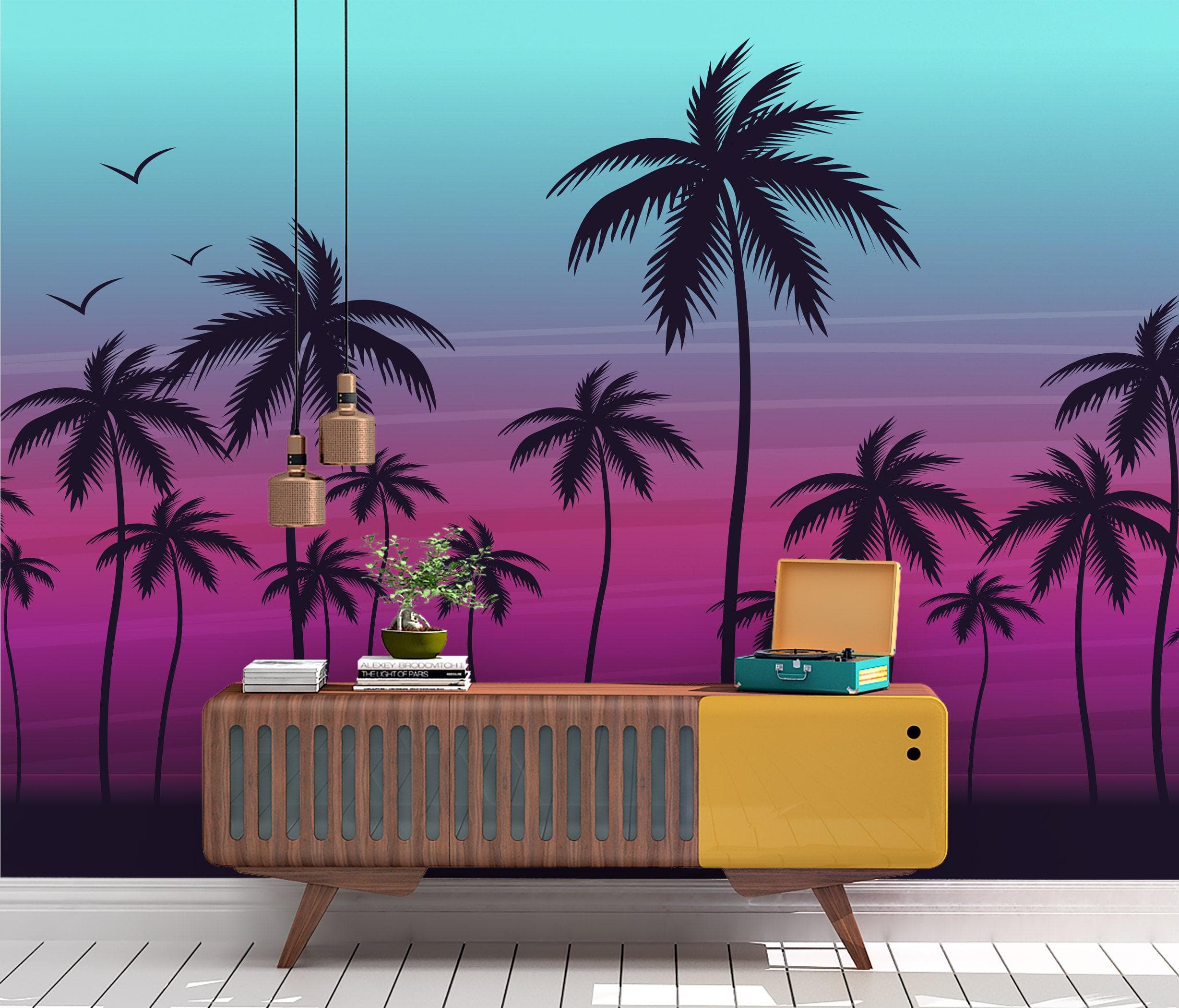 Miami Tropical Palm Tree Illustration Vice Color Sunset Wall Mural. Bright Miami Vice Blue and Fuchsia Colors. #6331