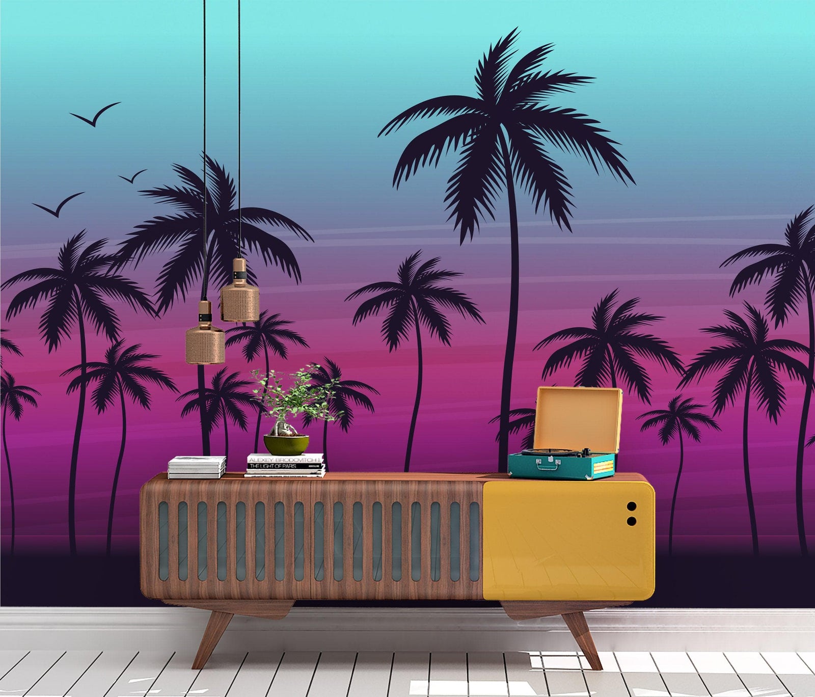 Miami Tropical Palm Tree Illustration Vice Color Sunset Wall Mural. Bright Miami Vice Blue and Fuchsia Colors. #6331