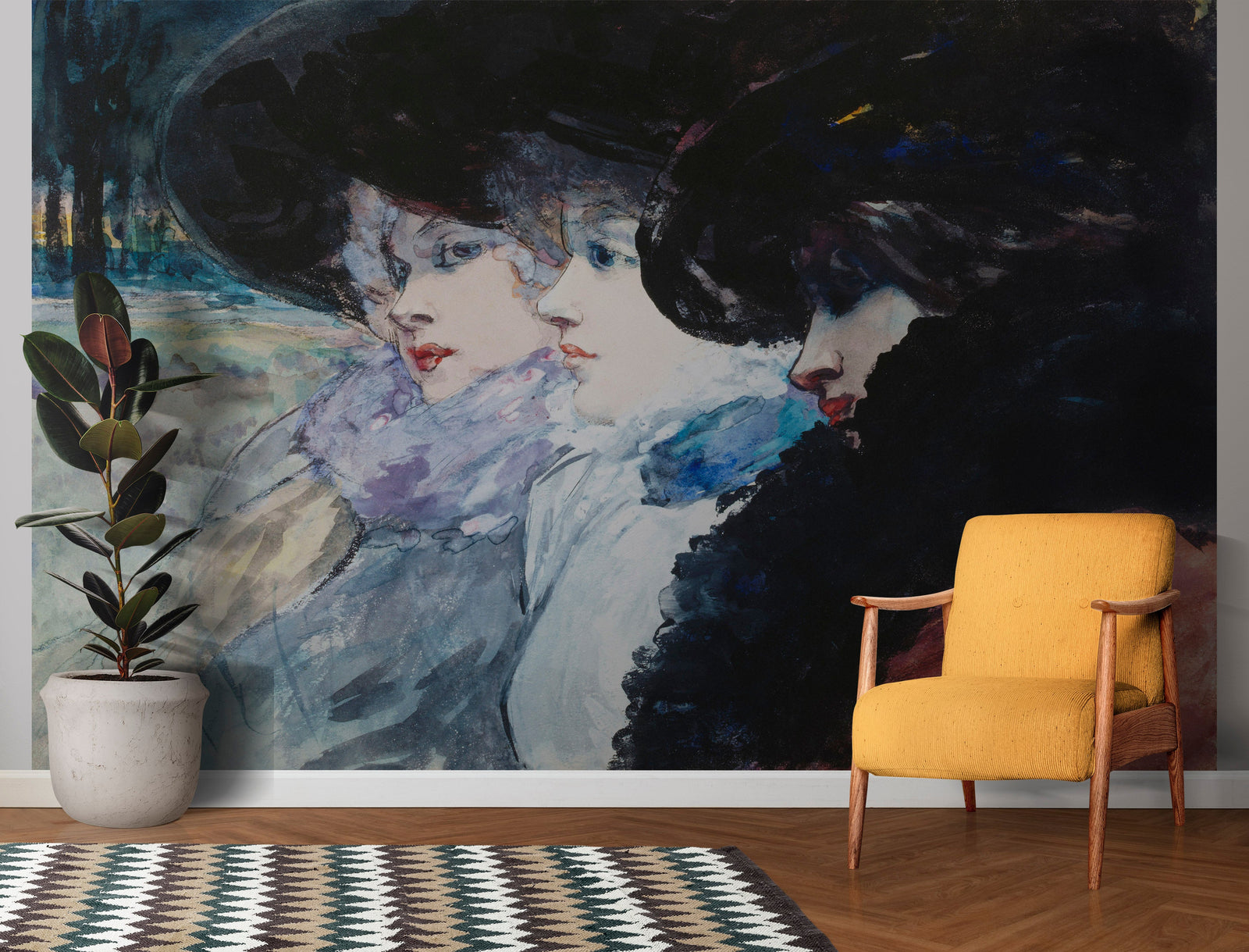 Vintage Painting, Three Women in Profile by Artist Henry Somm. Large Wall Mural / Peel and Stick Wallpaper. #6338