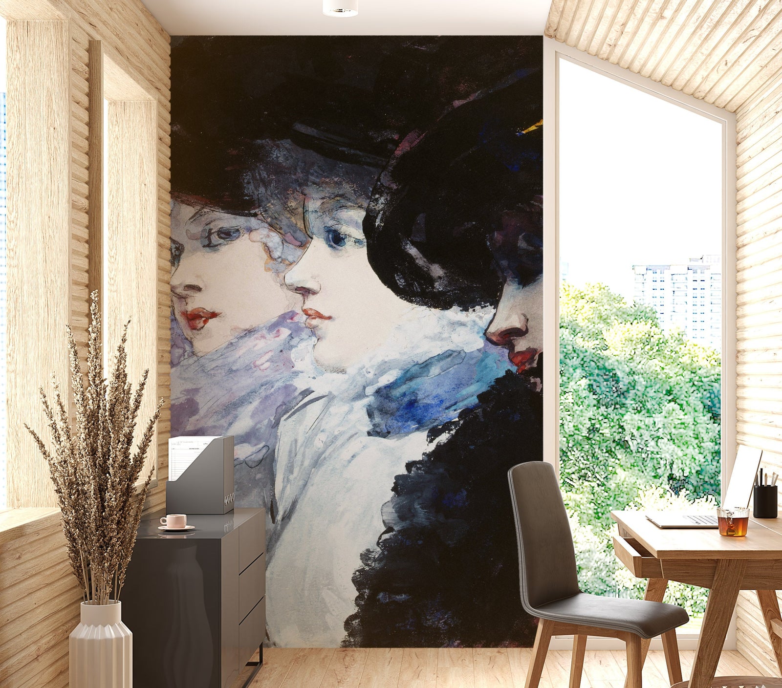 Vintage Painting, Three Women in Profile by Artist Henry Somm. Large Wall Mural / Peel and Stick Wallpaper. #6338