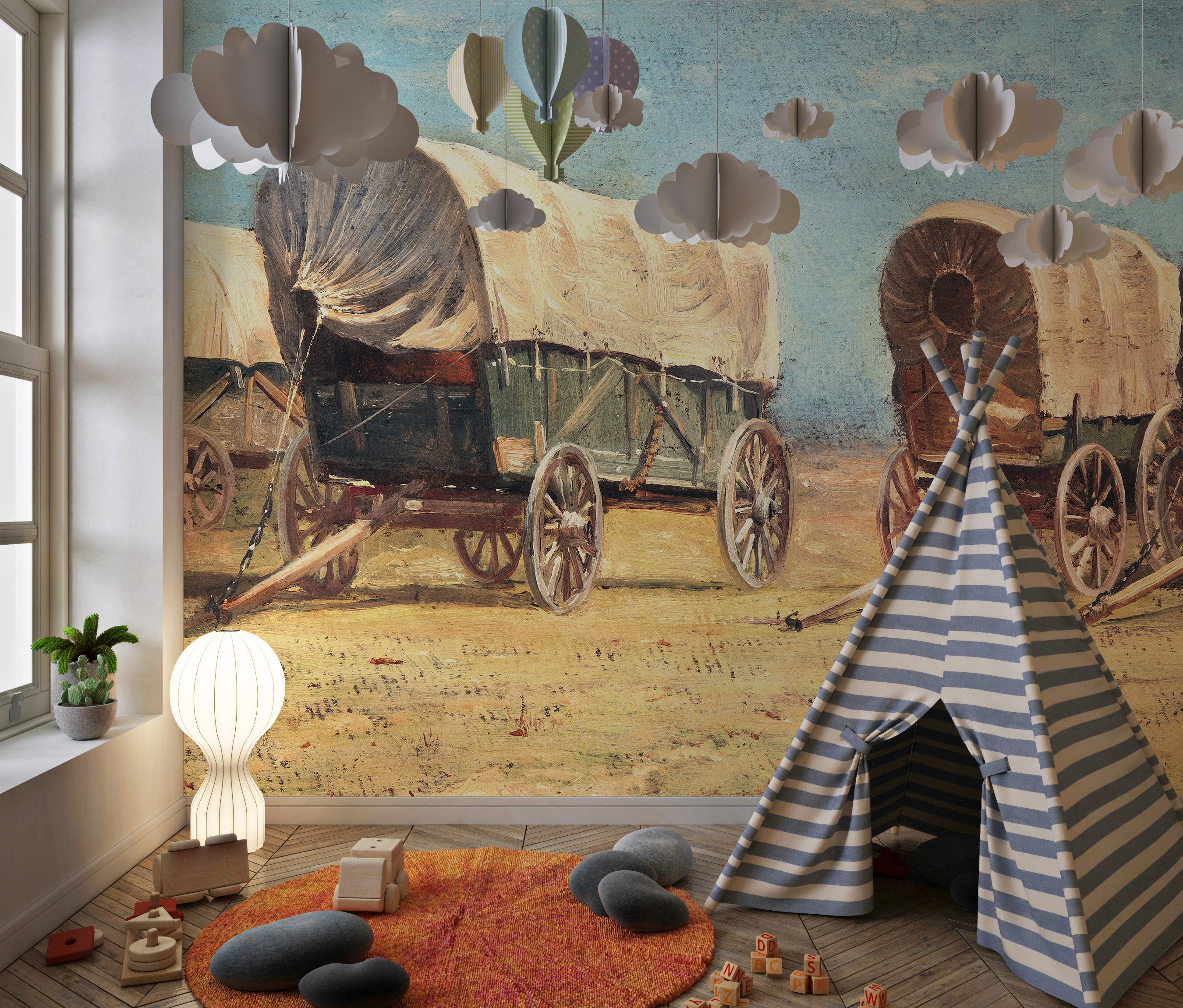 Western Cowboy Theme Wall Mural Decor. Study of Covered Wagons by Samuel Colman. Painting Artwork. Peel and Stick Wallpaper. #6339