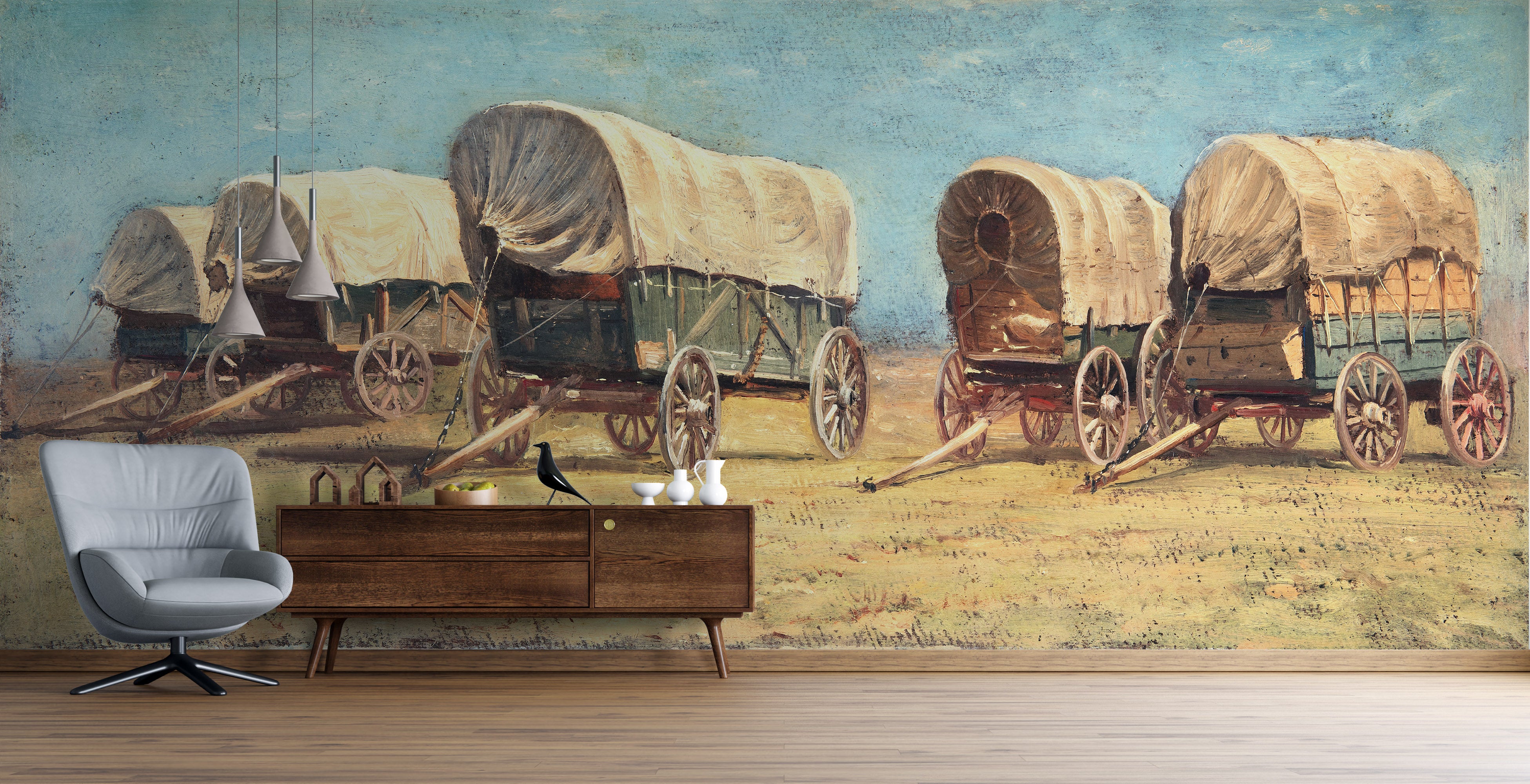 Western Cowboy Theme Wall Mural Decor. Study of Covered Wagons by Samuel Colman. Painting Artwork. Peel and Stick Wallpaper. #6339