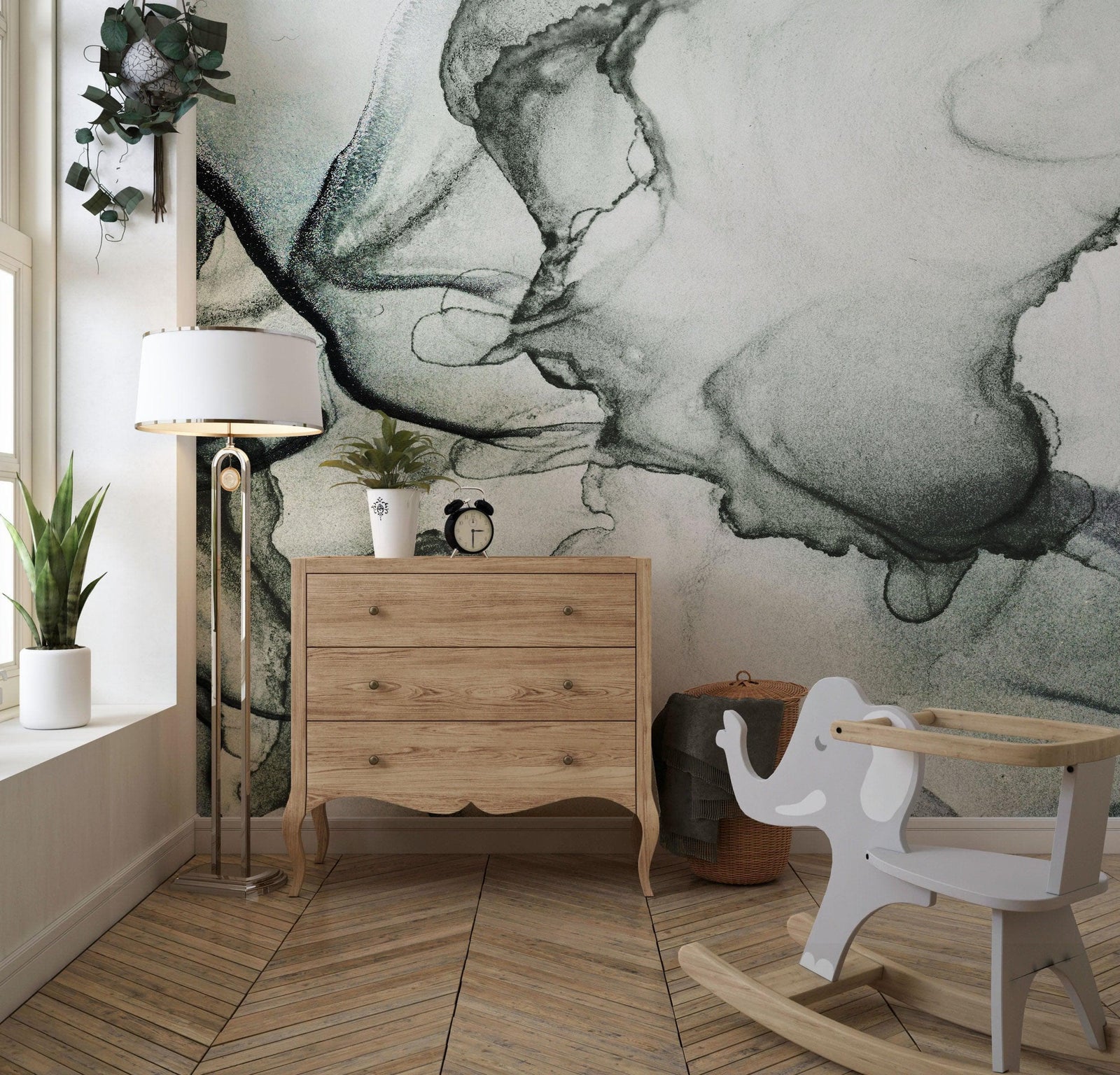 Abstract Black and White Fluid Alcohol Ink Painting Wall Mural. Peel and Stick Wallpaper. #6341