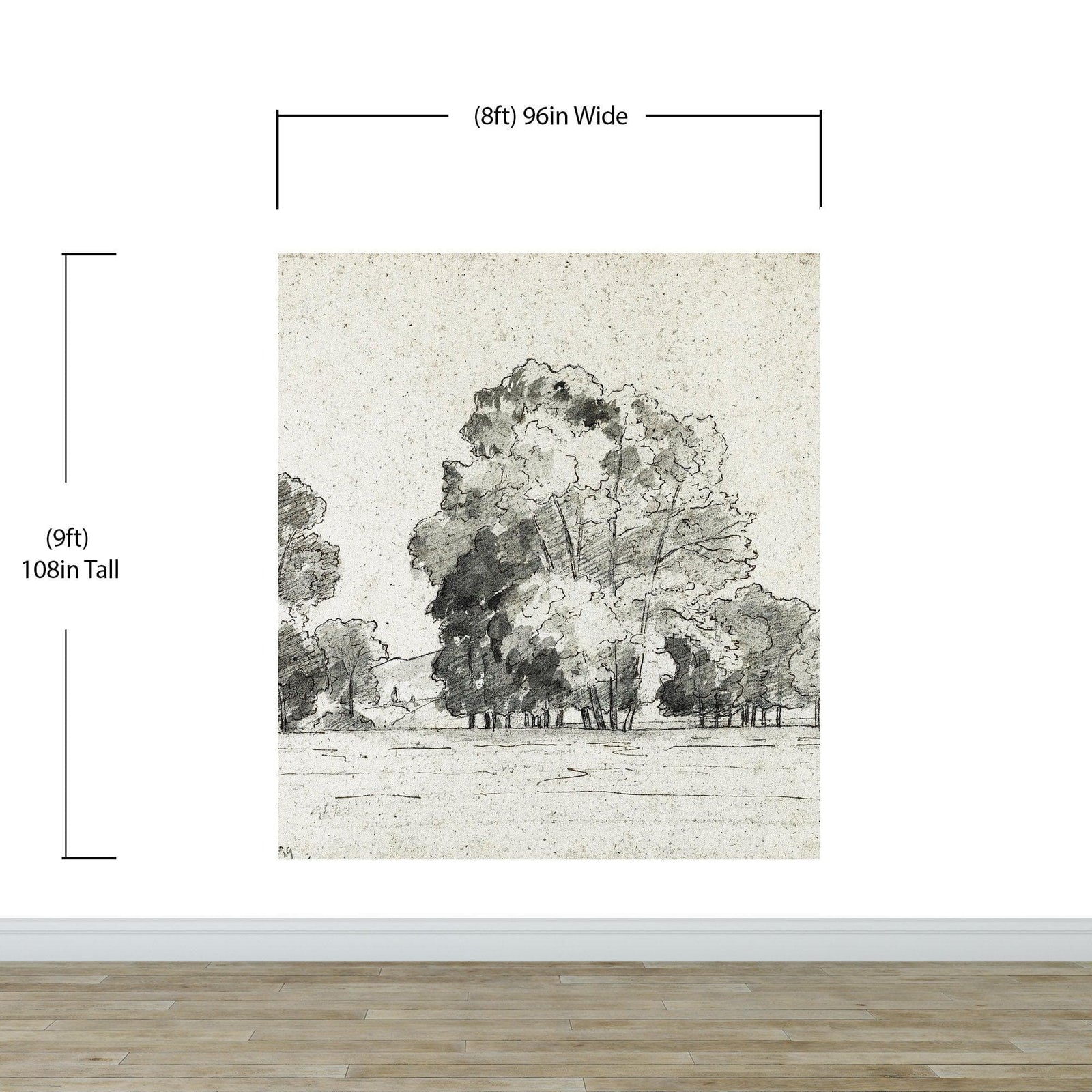 Forest Trees Wallpaper Peel and Stick Mural, Grove of Trees Drawing by Camille Pissarro. #6344
