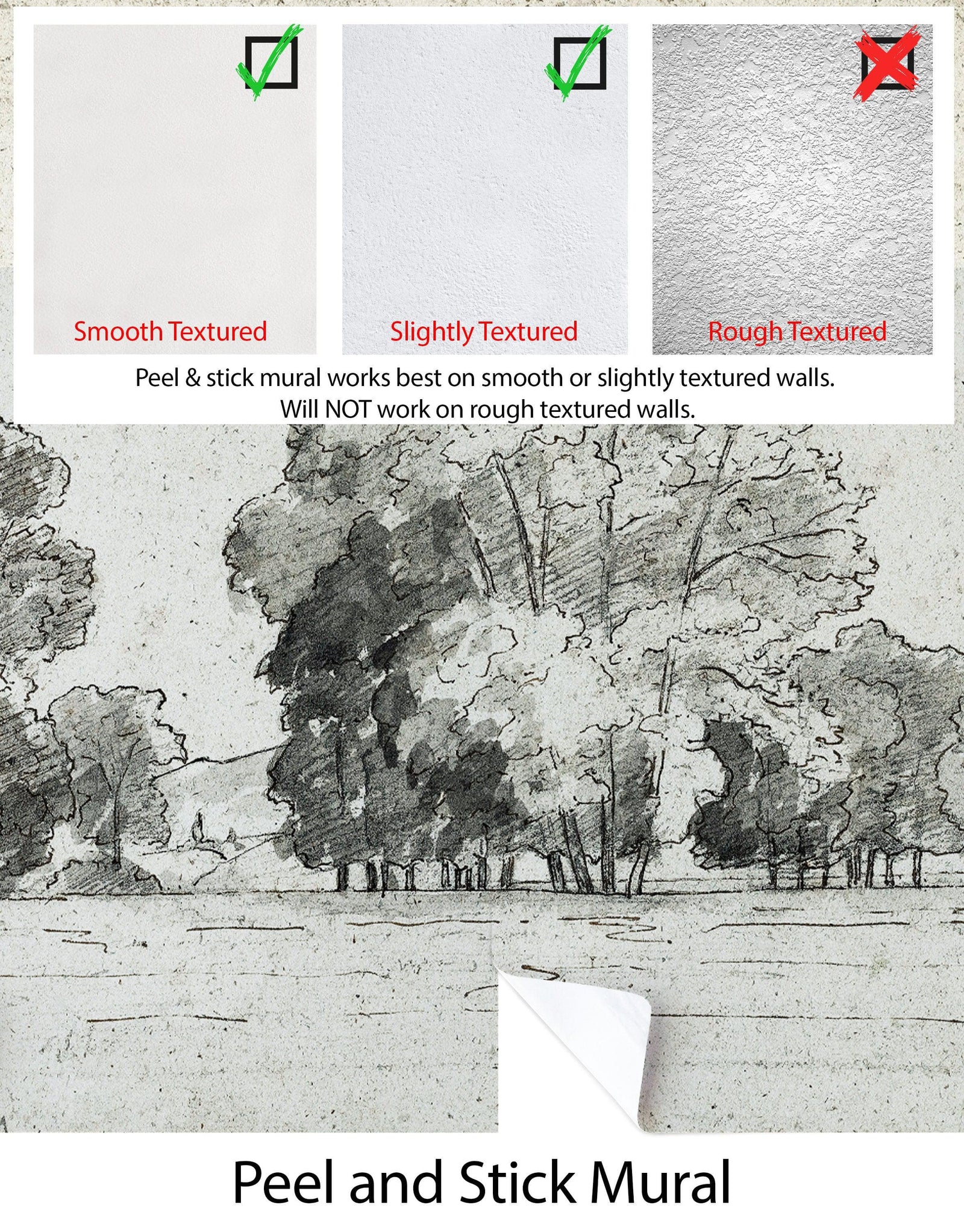 Forest Trees Wallpaper Peel and Stick Mural, Grove of Trees Drawing by Camille Pissarro. #6344