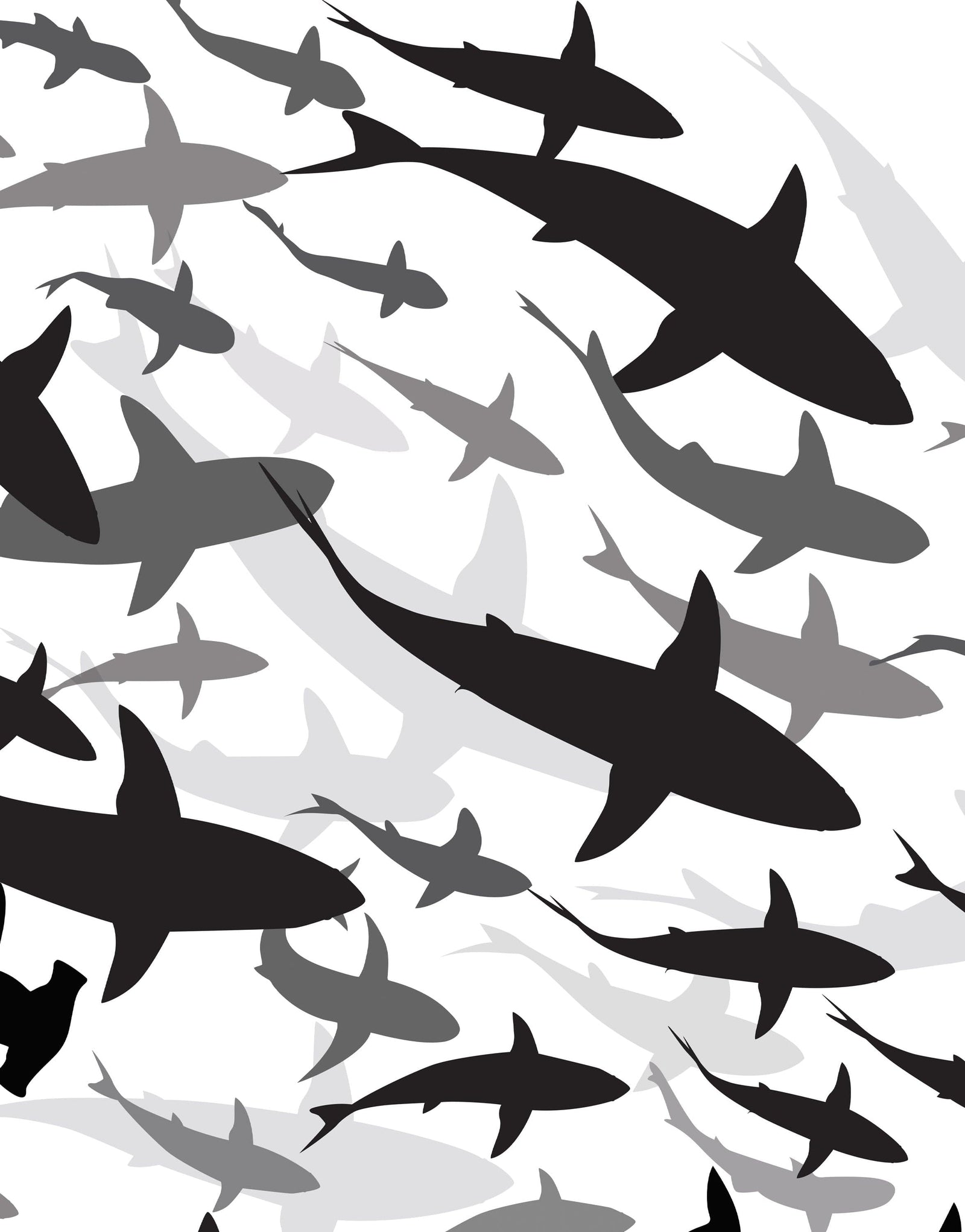 Shark Frenzy Underwater Wall Mural. Peel and Stick Wallpaper. Black and White Shark Silhouettes  #6347