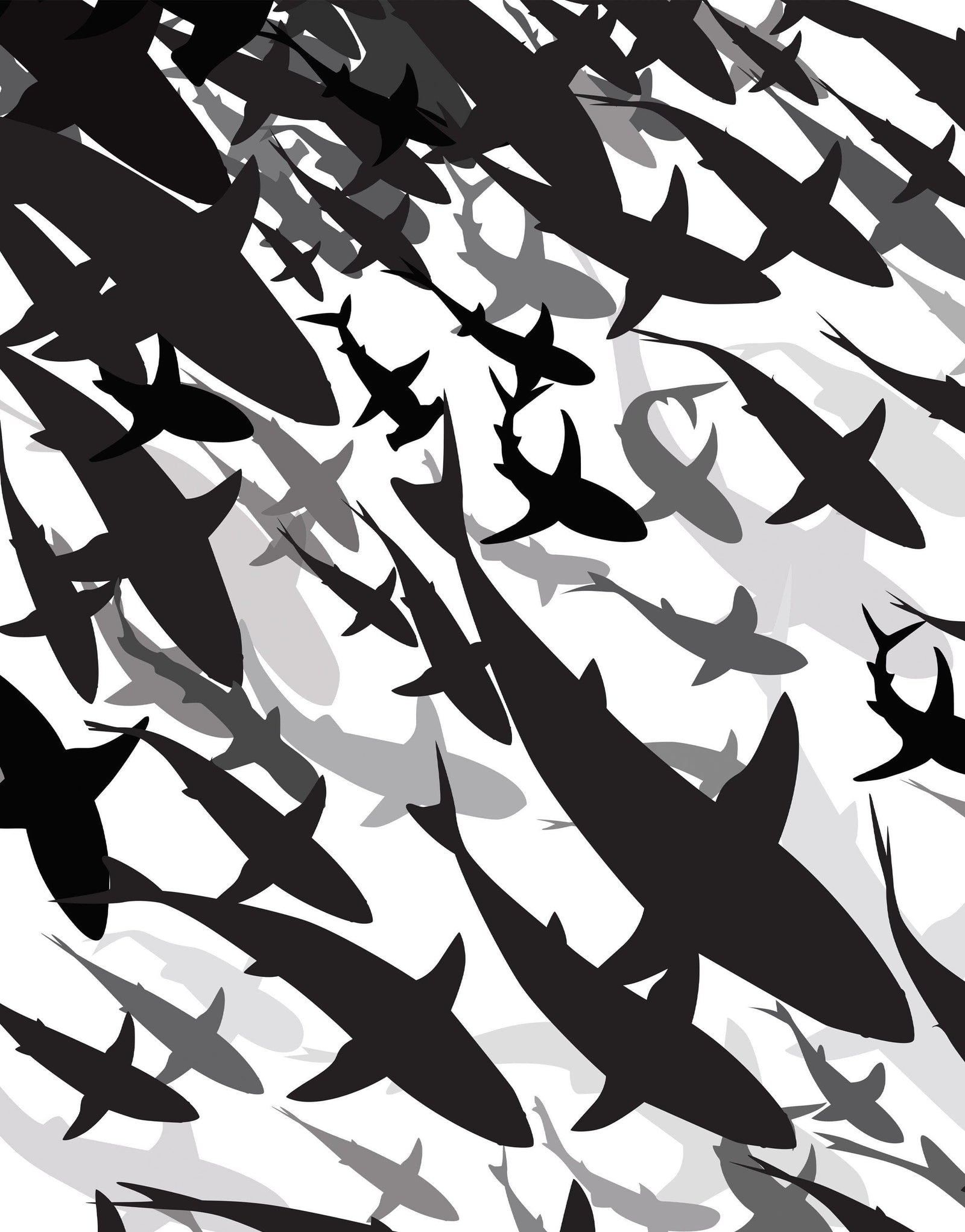 Shark Frenzy Underwater Wall Mural. Peel and Stick Wallpaper. Black and White Shark Silhouettes  #6347