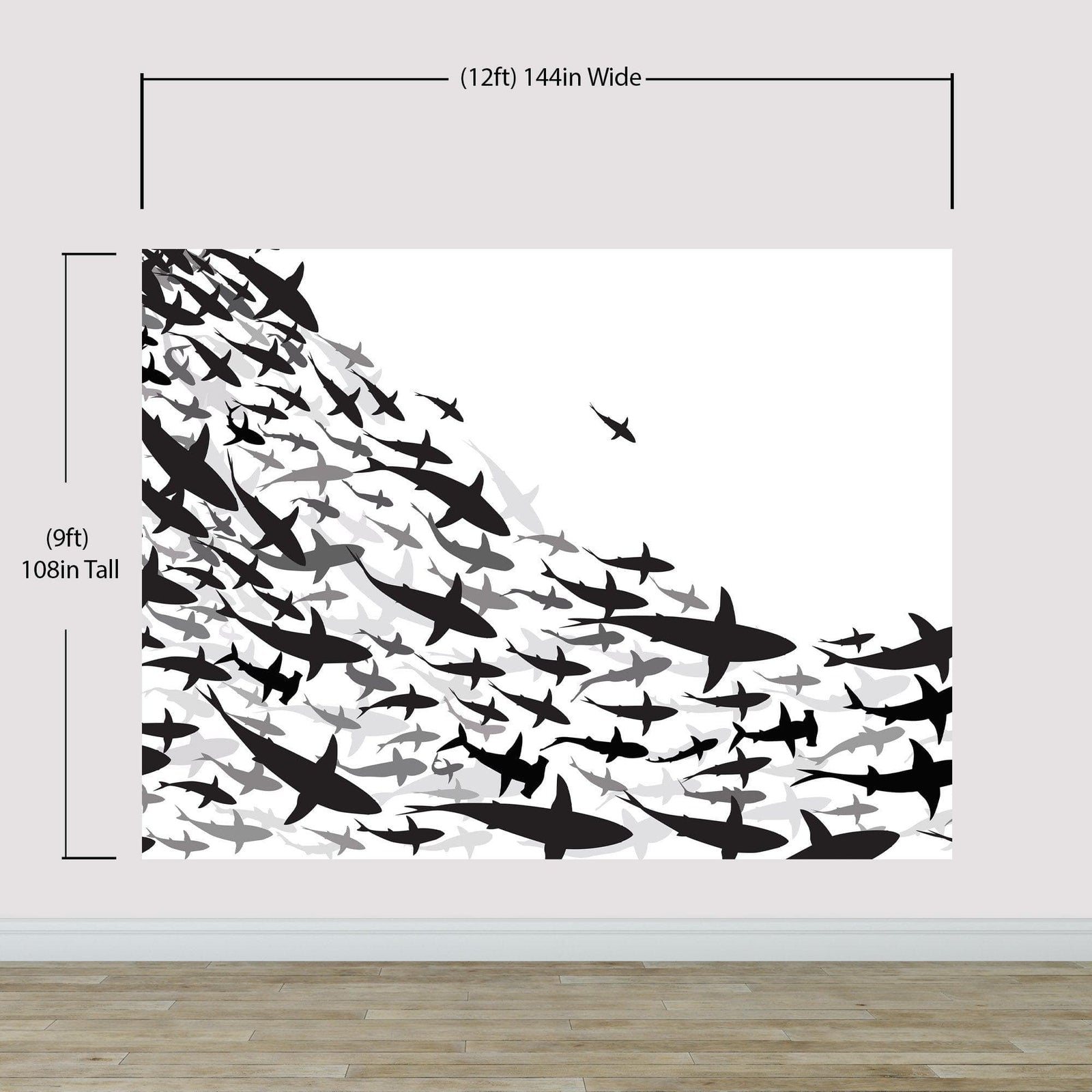 Shark Frenzy Underwater Wall Mural. Peel and Stick Wallpaper. Black and White Shark Silhouettes  #6347