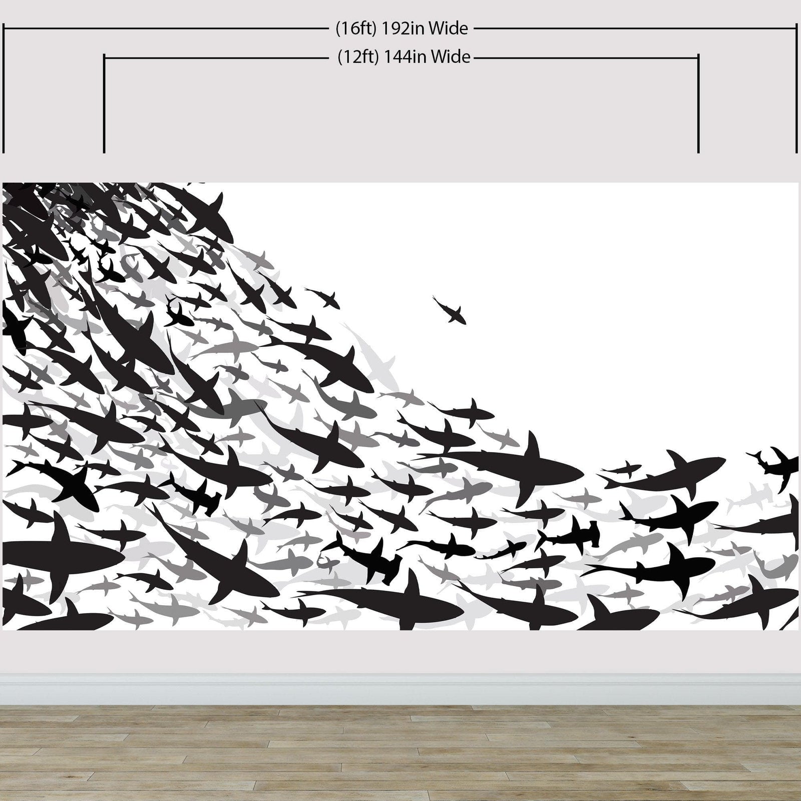 Shark Frenzy Underwater Wall Mural. Peel and Stick Wallpaper. Black and White Shark Silhouettes  #6347