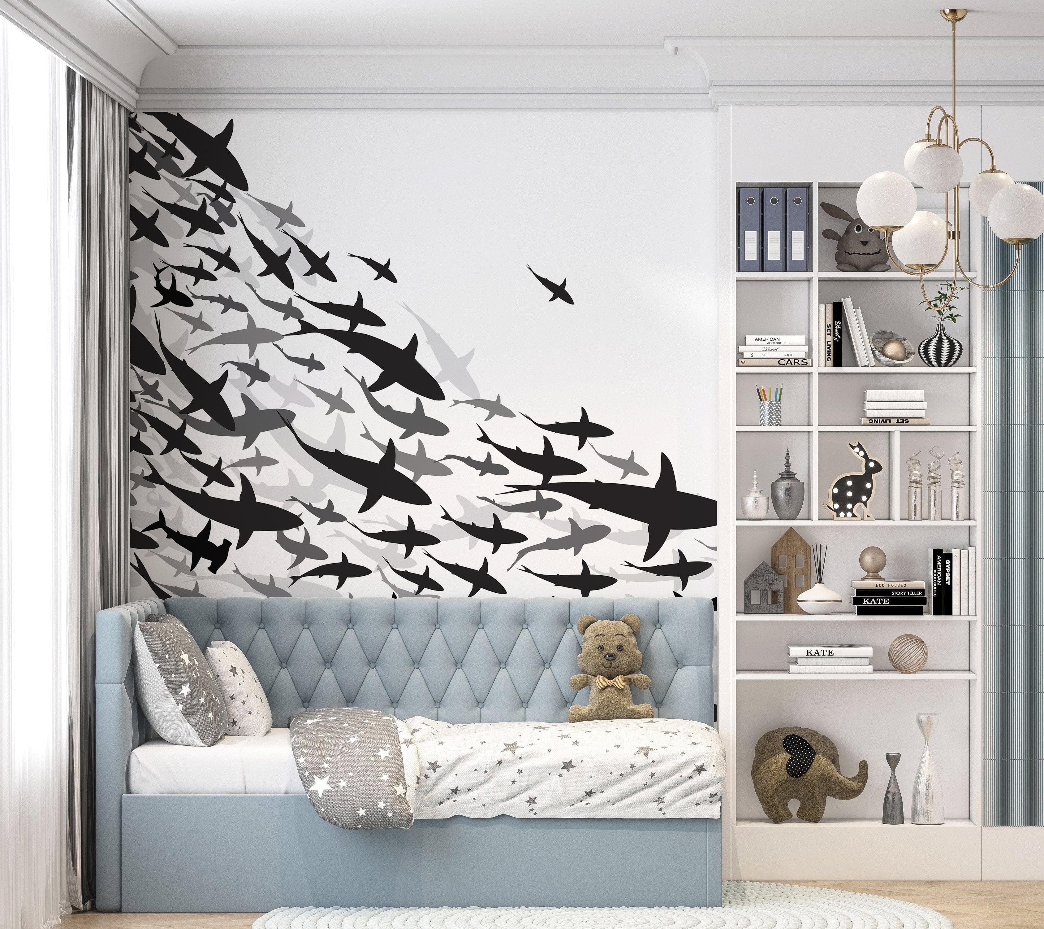 Shark Frenzy Underwater Wall Mural. Peel and Stick Wallpaper. Black and White Shark Silhouettes  #6347