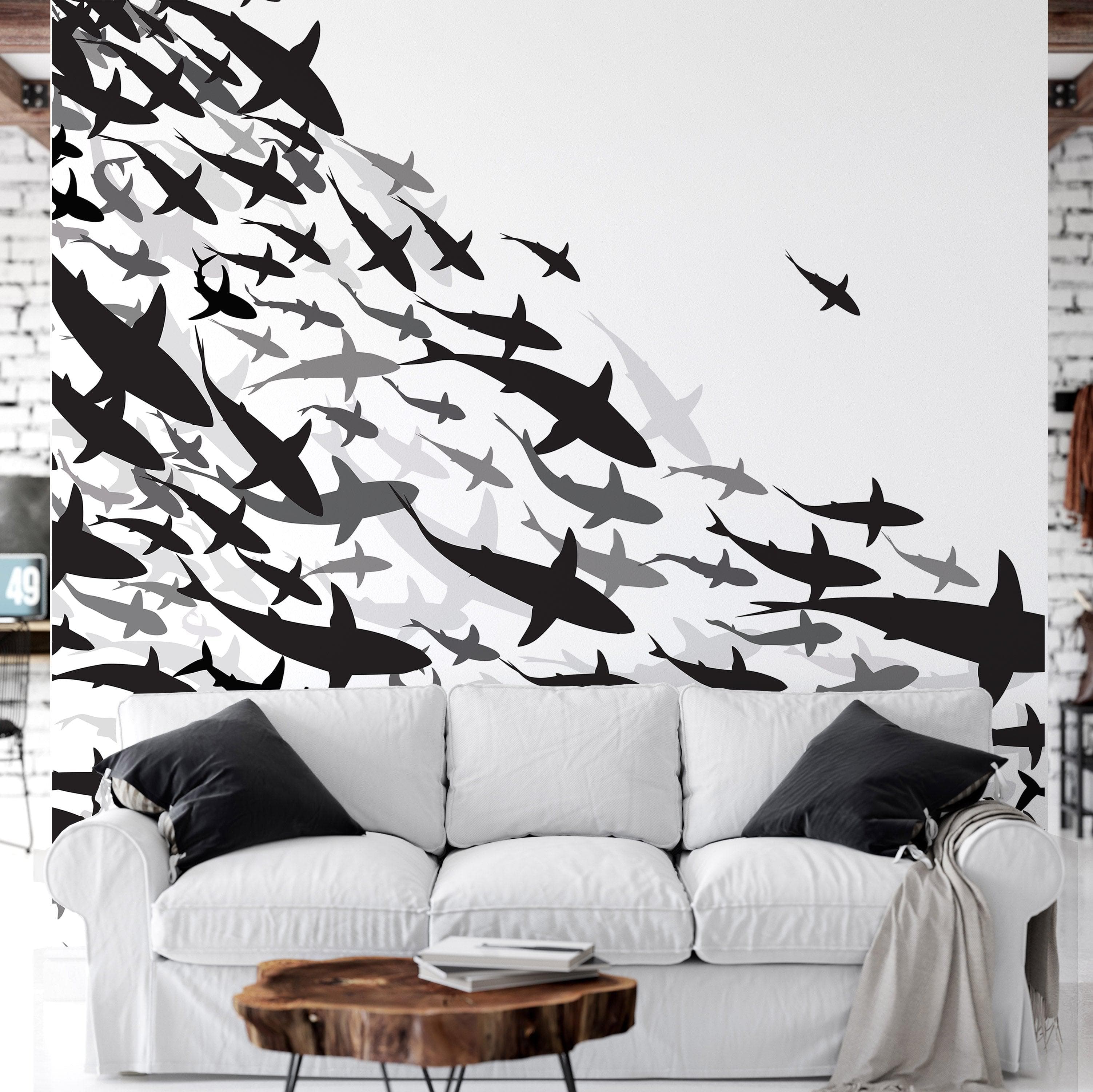 Shark Frenzy Underwater Wall Mural. Peel and Stick Wallpaper. Black and White Shark Silhouettes  #6347