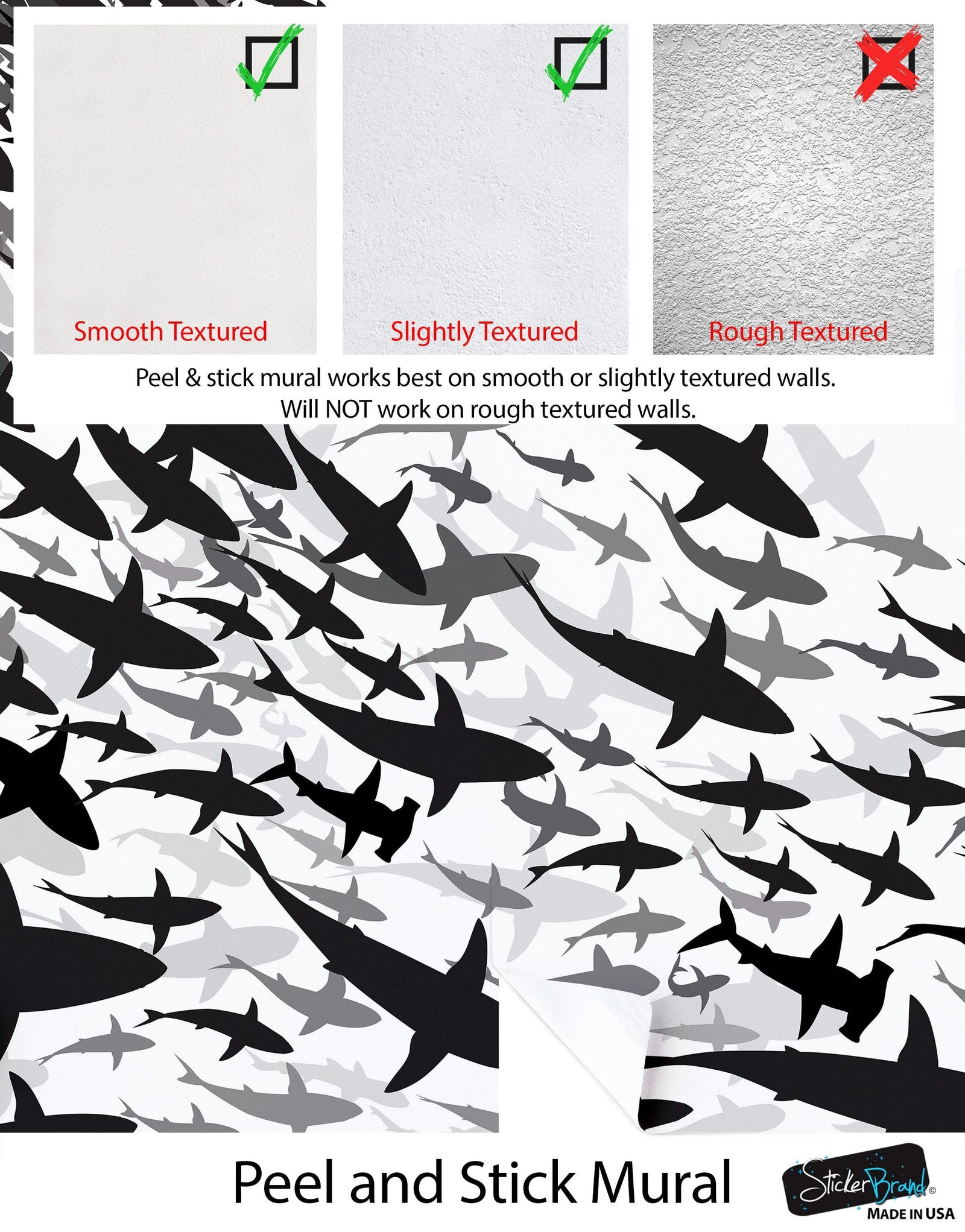 Shark Frenzy Underwater Wall Mural. Peel and Stick Wallpaper. Black and White Shark Silhouettes  #6347