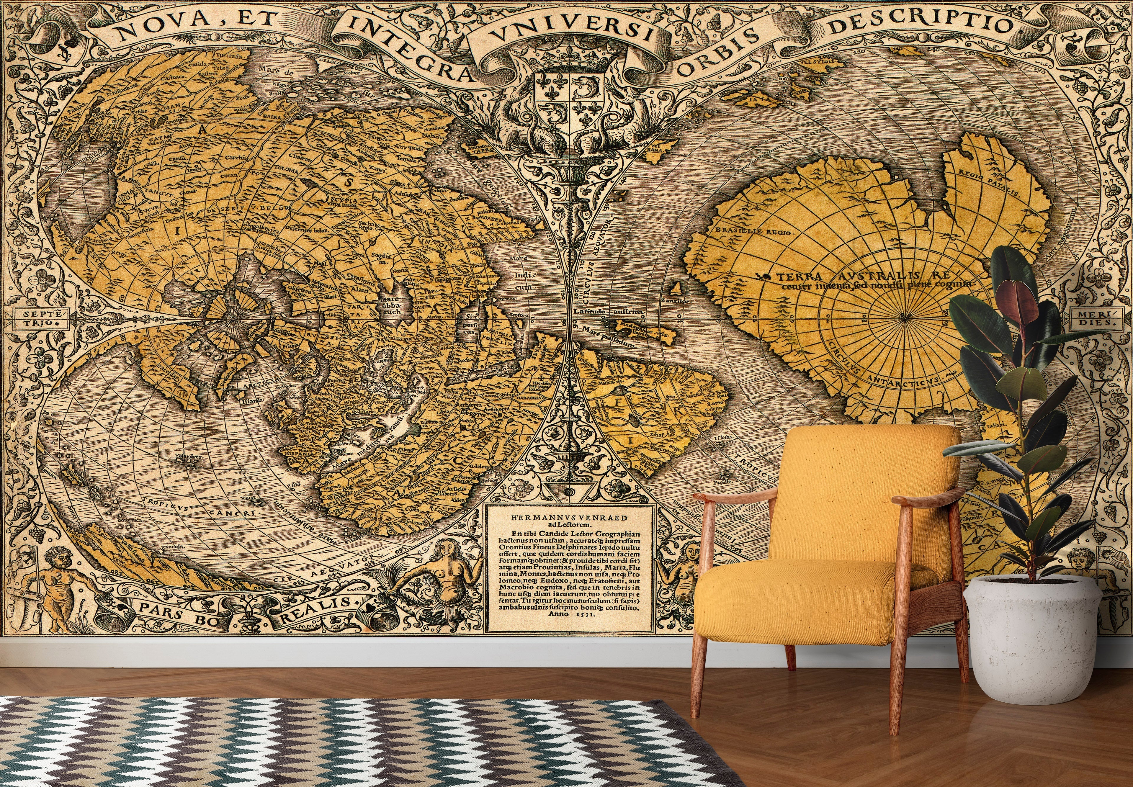 Vintage Antique World Map Wall Mural. Noua, et integra uniuersi orbis descriptio (1531) by Oronce Finé. #6352