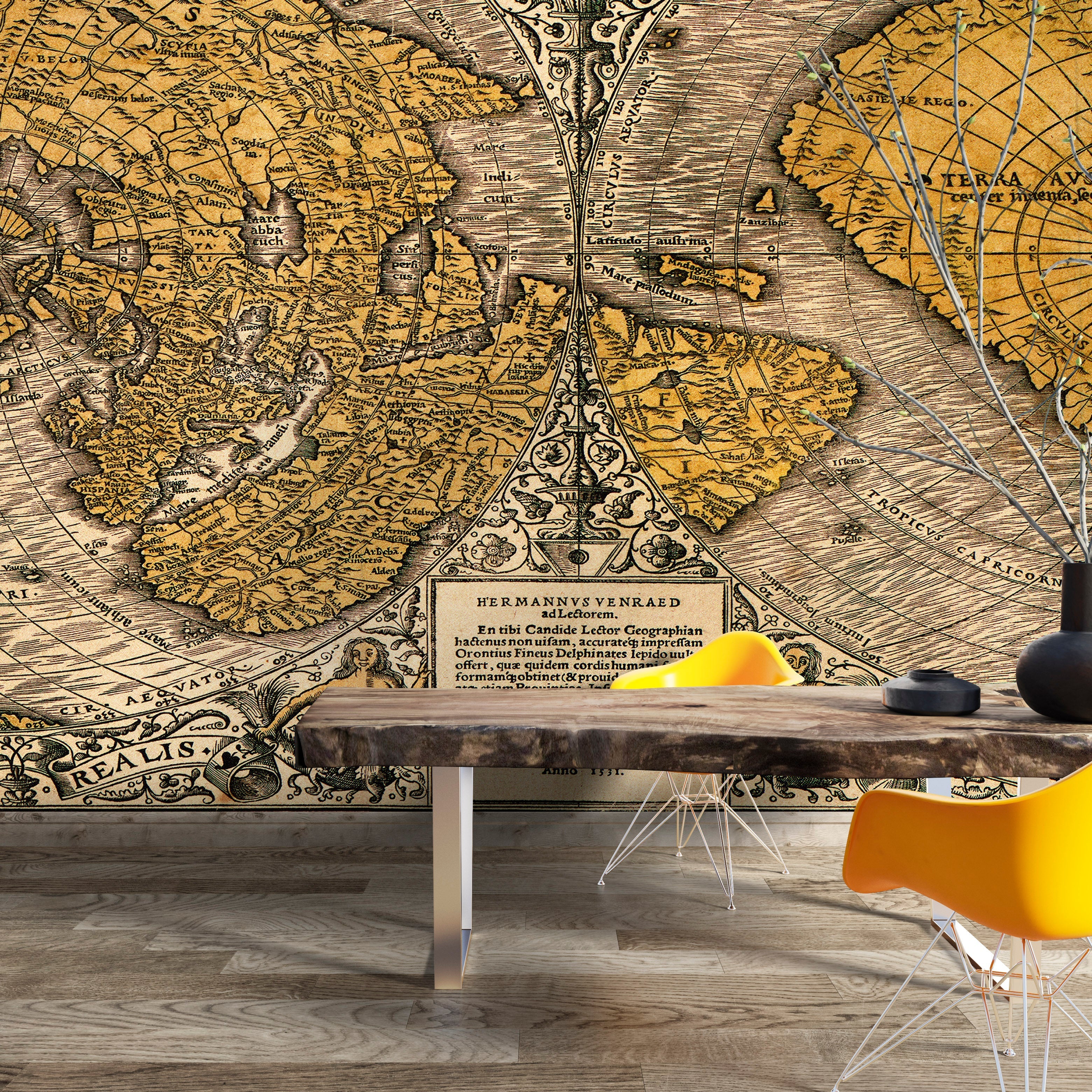 Vintage Antique World Map Wall Mural. Noua, et integra uniuersi orbis descriptio (1531) by Oronce Finé. #6352