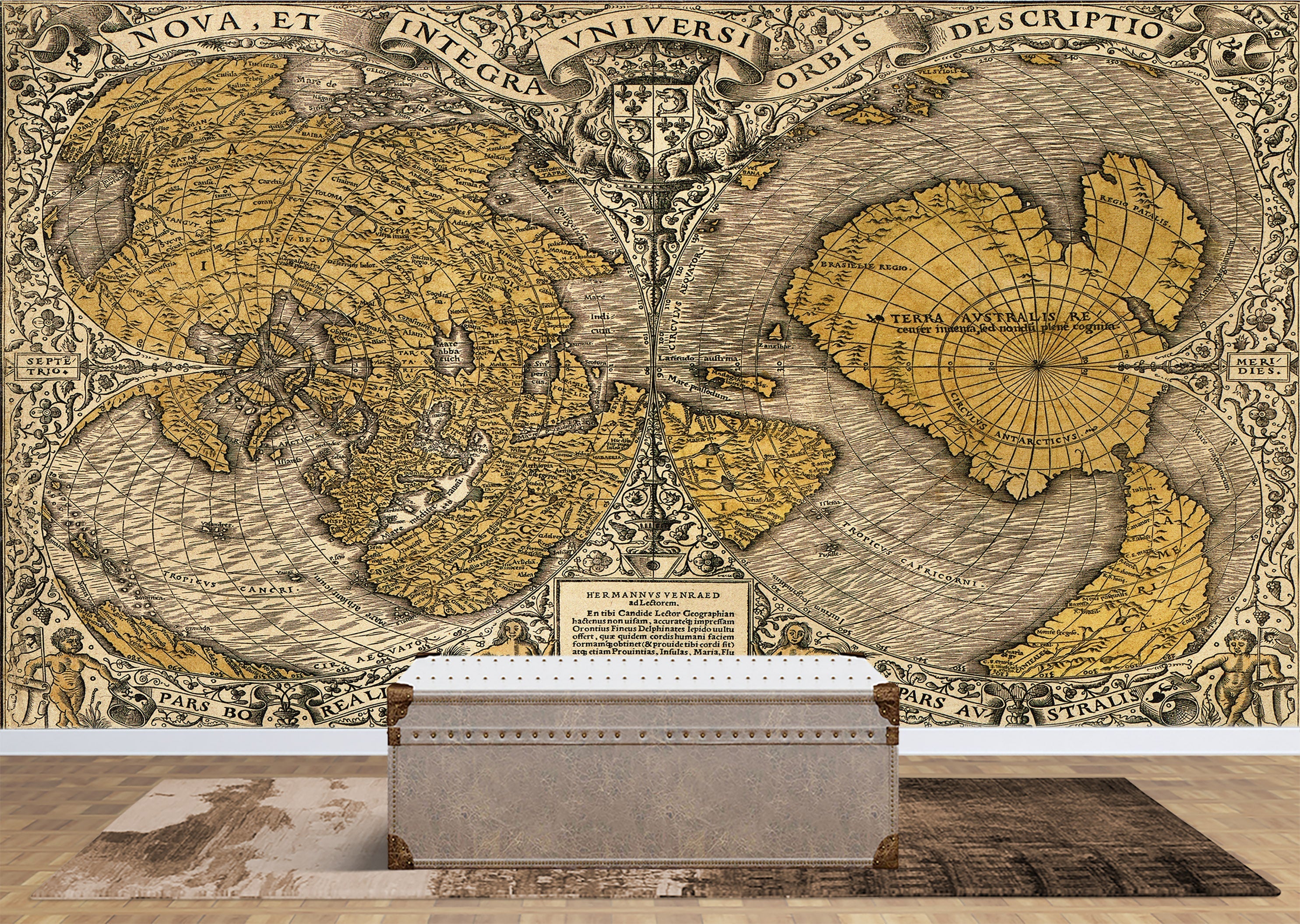 Vintage Antique World Map Wall Mural. Noua, et integra uniuersi orbis descriptio (1531) by Oronce Finé. #6352