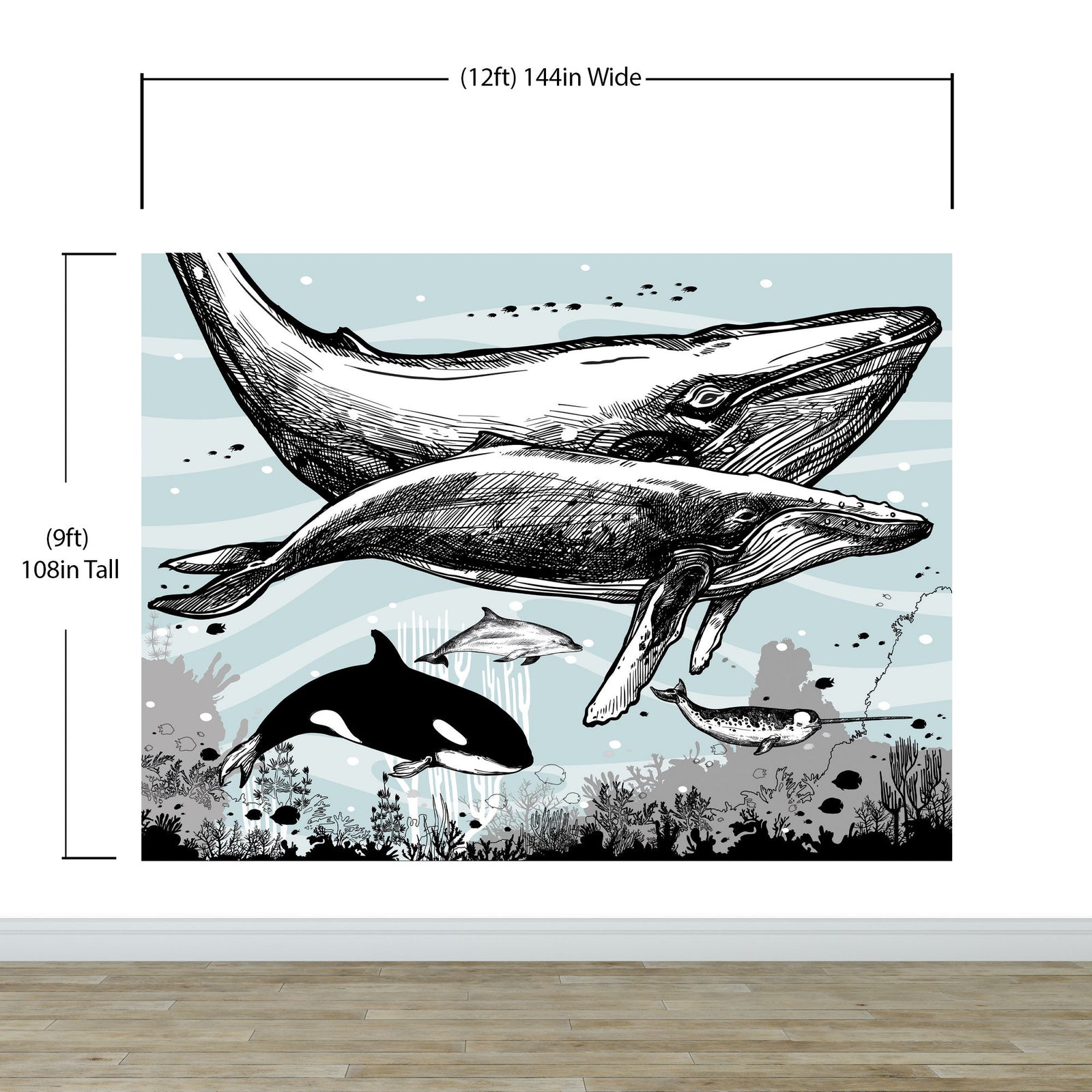Whale, Dolphin, Killer Whale Wall Mural. Underwater Sea Life Drawing Design. Peel and Stick Wall Mural. #6354