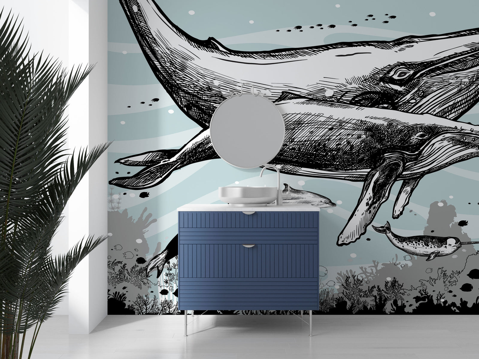 Whale, Dolphin, Killer Whale Wall Mural. Underwater Sea Life Drawing Design. Peel and Stick Wall Mural. #6354