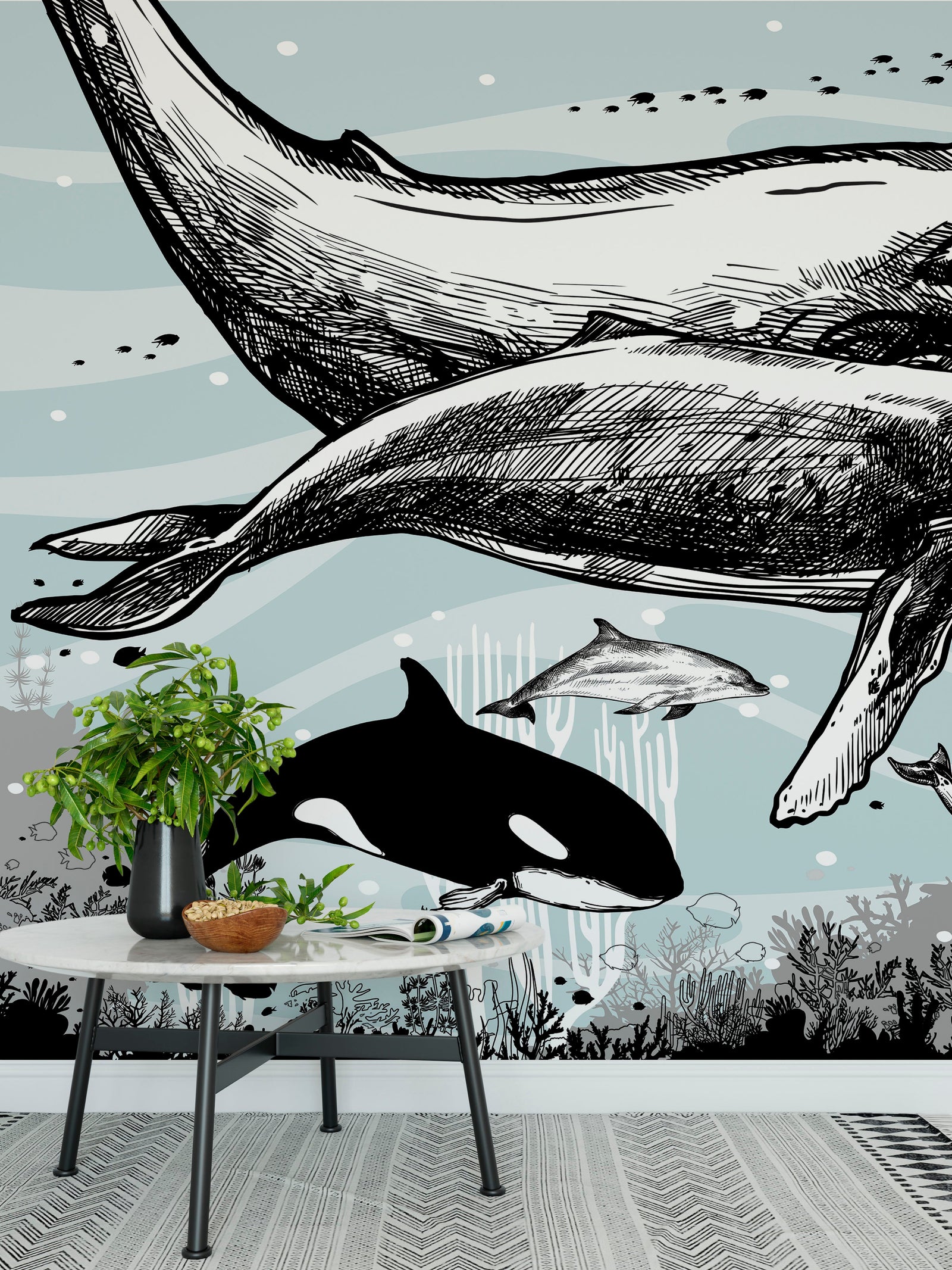 Whale, Dolphin, Killer Whale Wall Mural. Underwater Sea Life Drawing Design. Peel and Stick Wall Mural. #6354