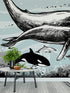 Whale, Dolphin, Killer Whale Wall Mural. Underwater Sea Life Drawing Design. Peel and Stick Wall Mural. #6354