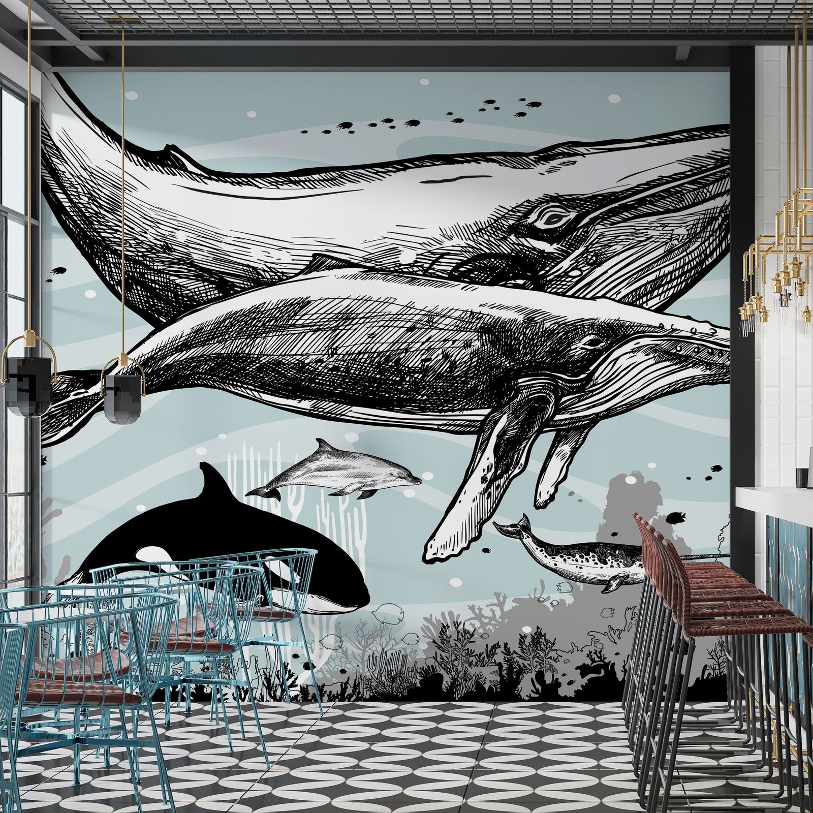 Whale, Dolphin, Killer Whale Wall Mural. Underwater Sea Life Drawing Design. Peel and Stick Wall Mural. #6354