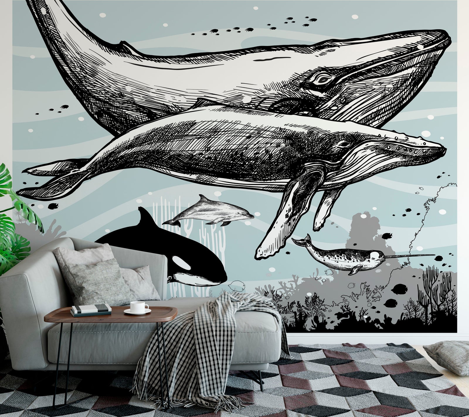 Whale, Dolphin, Killer Whale Wall Mural. Underwater Sea Life Drawing Design. Peel and Stick Wall Mural. #6354