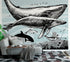 Whale, Dolphin, Killer Whale Wall Mural. Underwater Sea Life Drawing Design. Peel and Stick Wall Mural. #6354
